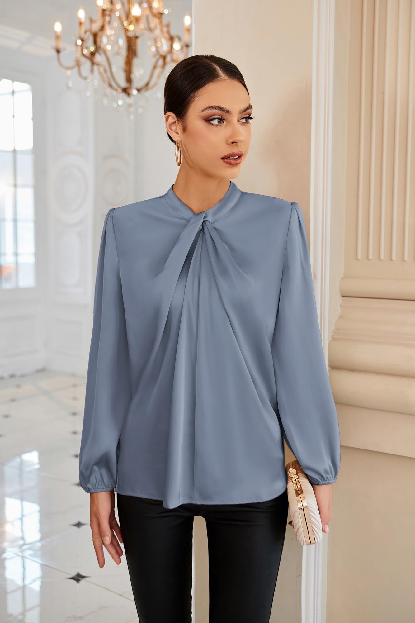 GRACE KARIN Blusa Elegante Donna Maniche Lunghe Tinta Unita con Bottoni Scollo a V da Ufficio Casual