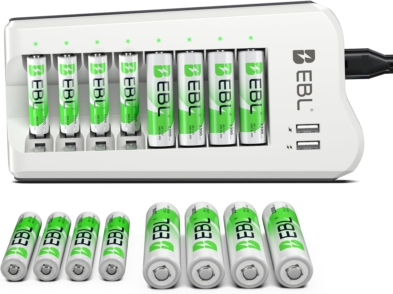EBL AA AAA Battery Charger, 8 AA 2300mAh & 8 AAA 1100mAh NiMH, 2 USB Ports