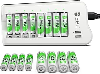 EBL AA AAA Battery Charger, 8 AA 2300mAh & 8 AAA 1100mAh NiMH, 2 USB Ports