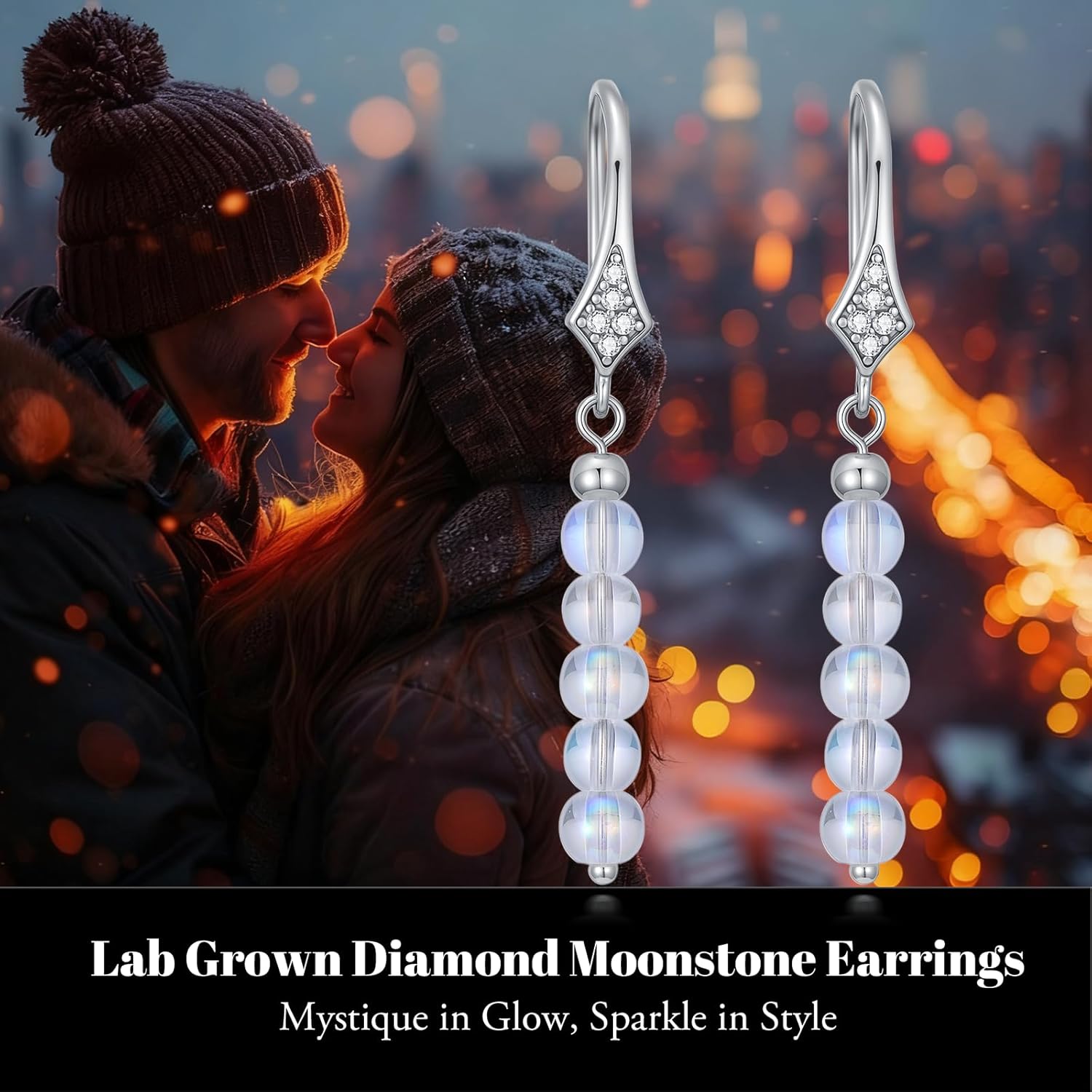 925 Sterling Silver Diamond Moonstone Earrings, Bead Moonstone Dangle Drop Earrings for Women, Diamond Jewelry Gift for Valentine's Day Birthday Anniversary - Image 4