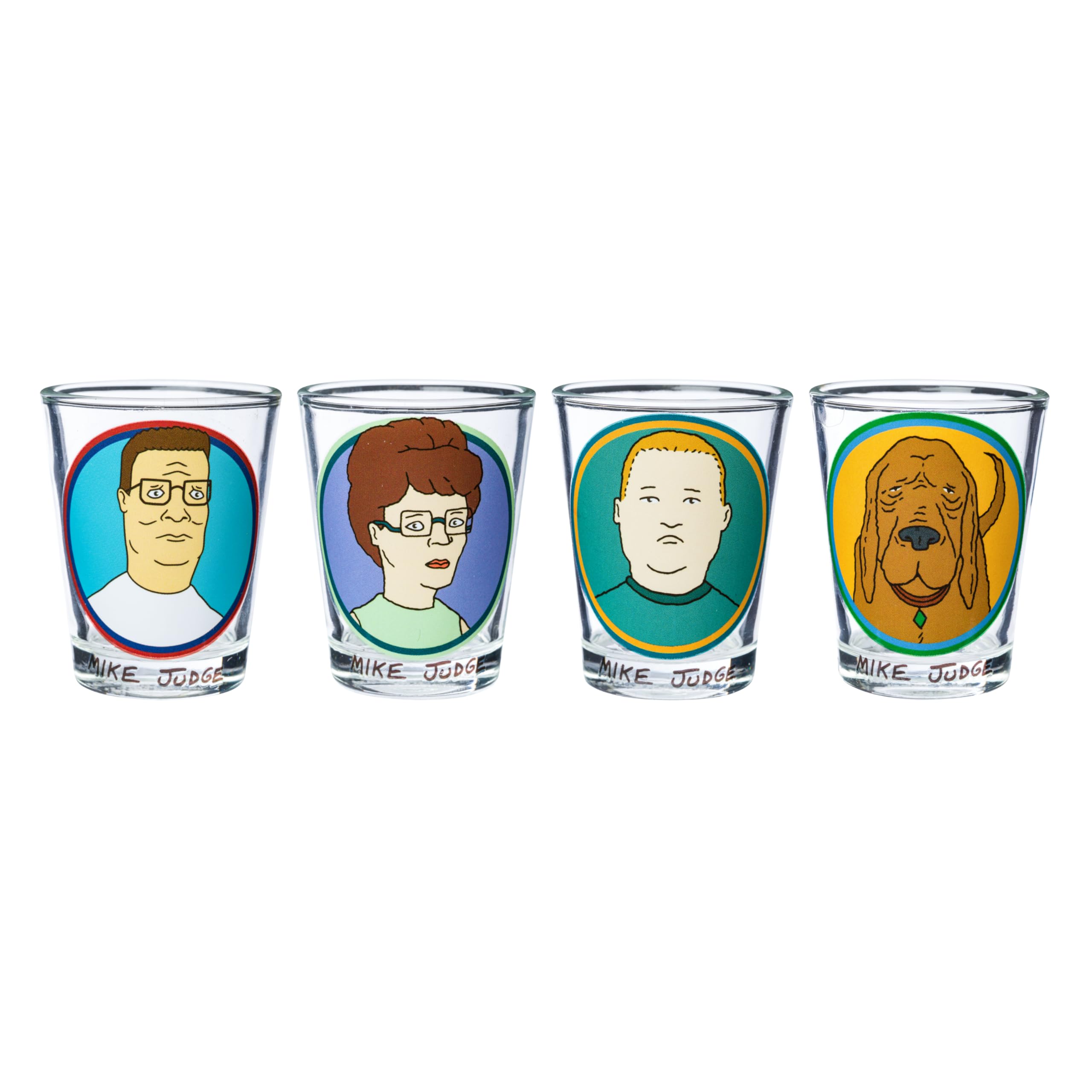 Silver Buffalo King of the Hill Character Faces 4 Pack Mini Glass Set Featuring Hank Hill, Bobby Hill, Peggy Hill, and Lady Bird, 1.5 Ounces