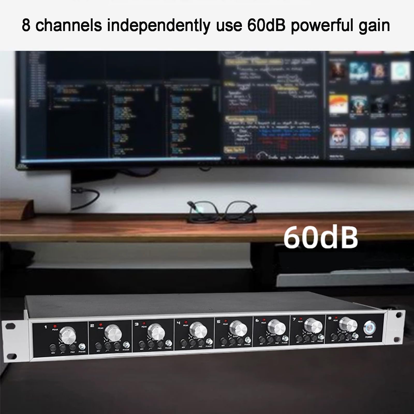 8-kanałowy przedwzmacniacz mikrofonowy ze wzmocnieniem 60 dB, zasilanie fantomowe +48 V, niskie cięcie, cofanie fazy i wejścia combo XLR/6,35 mm do dźwięku na żywo, nagrywania, podcastów