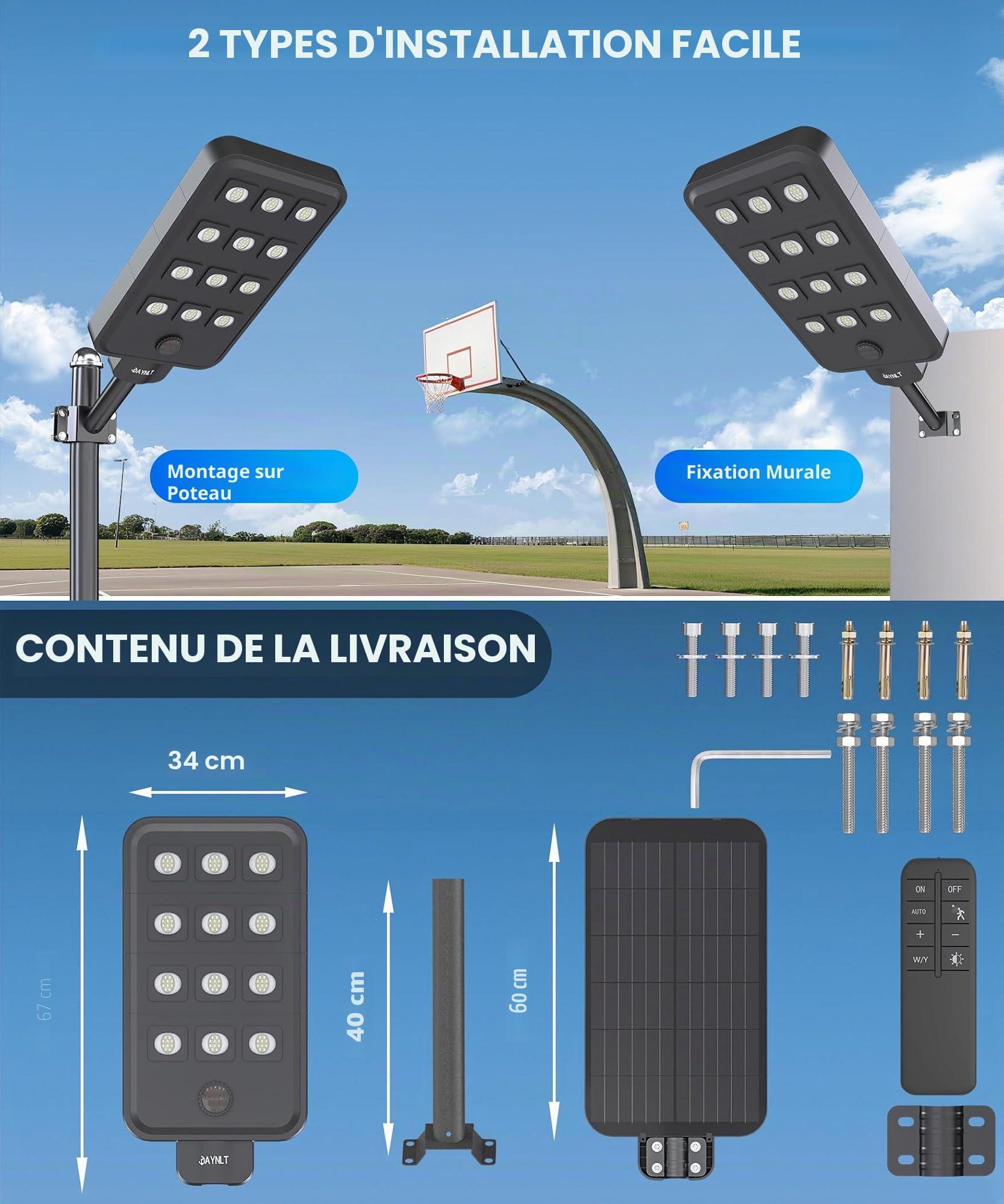 JAYNLT X-12000W Lampadaire Solaire Extérieur Puissant avec Détecteur 4 Modes