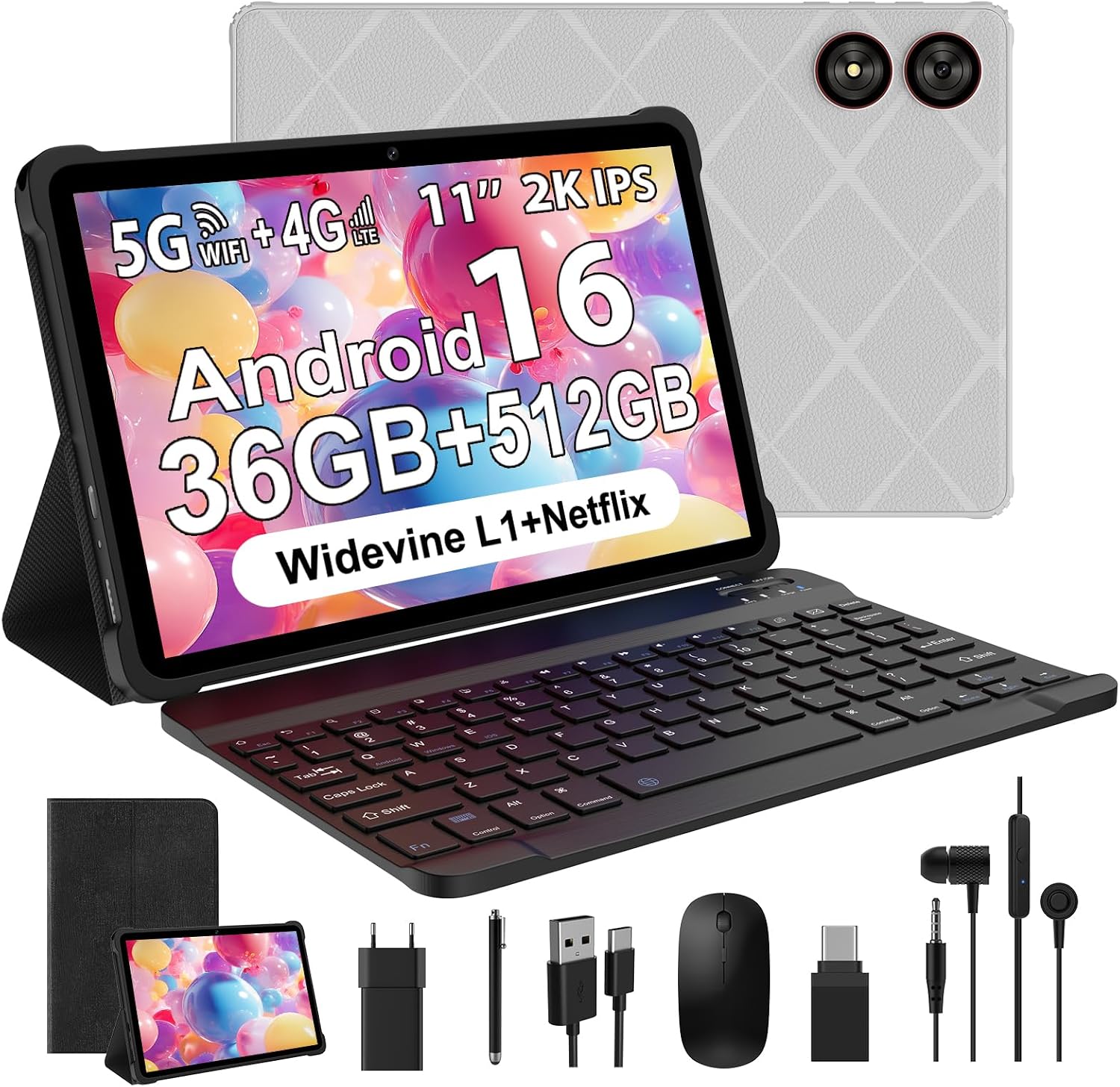 11 Pollici Android 16 Tablet, 4G LTE e 5G WiFi, Tablet in Offerta Octa-Core, 36GB RAM+512GB ROM (1TB TF), Display HD, Widevine L1/8+13MP/8000mAh/GMS/GPS, con Tastiera+Mouse(Grigio) - Amazon product rated Grade B