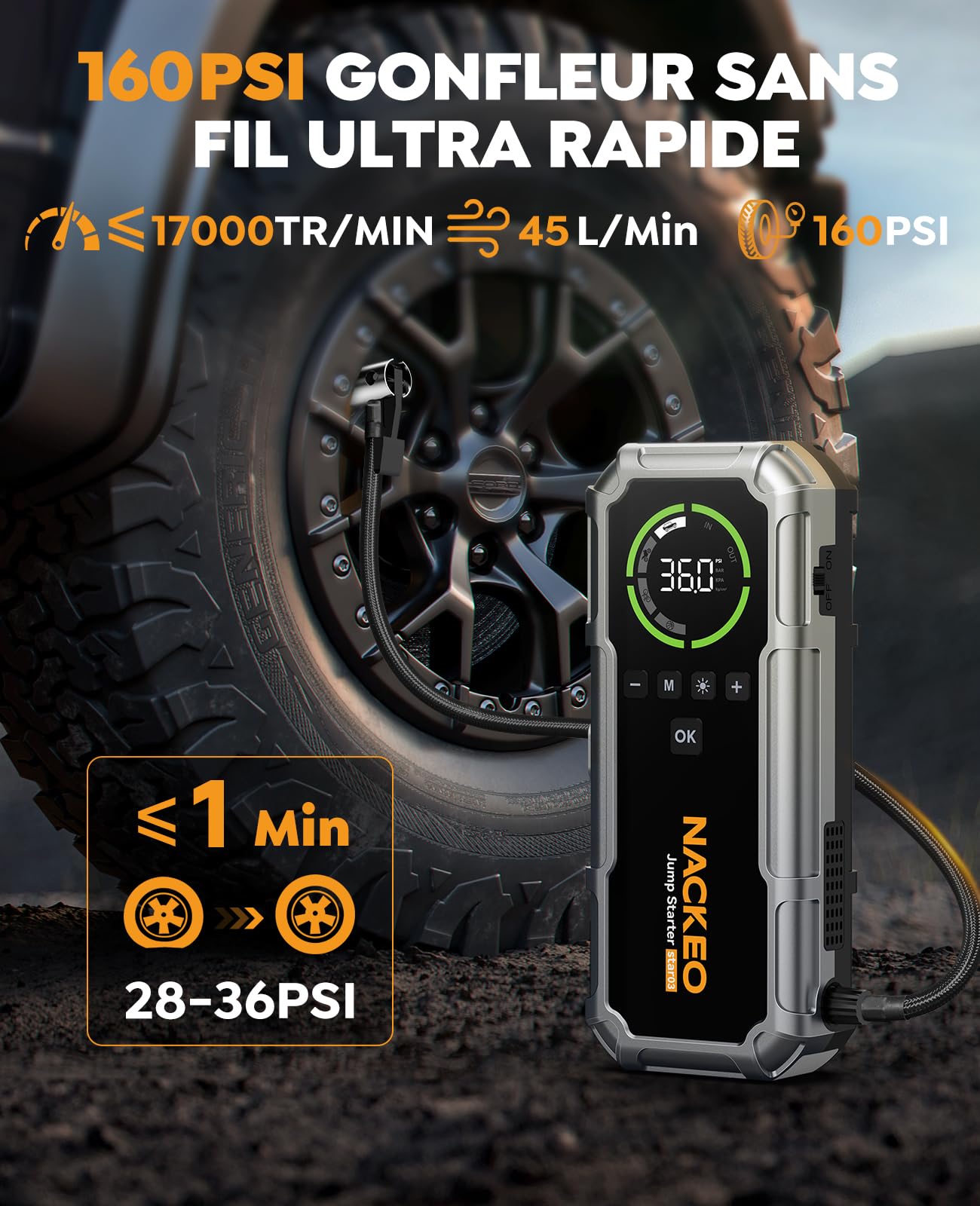 8000A Booster Batterie Voiture avec Gonfleur 160PSI, 12V Demarreur Batterie Voiture (Essence et Diesel Jusqu’à 12 L), 20000 mAh avec câbles de démarrage, Lampe LED 600 lumens et écran LCD