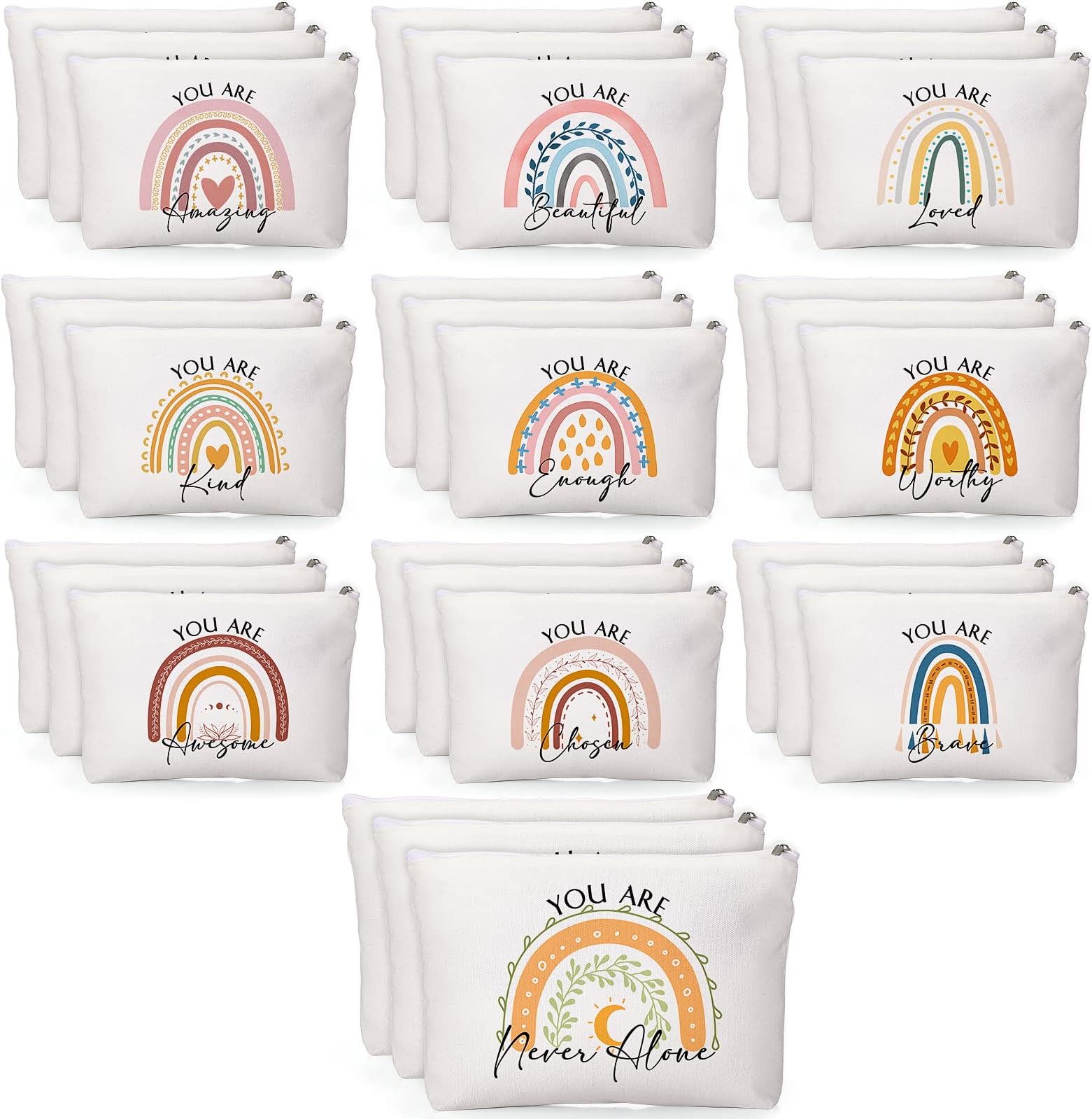 Coume 30 Pcs Inspirational Canvas Makeup Bags Bulk Christmas Employee Appreciation Gift for Women Motivational Cosmetic Bags with Zipper Boho Makeup Pouch for Rad Tech Nurse Coworker(Rainbow)