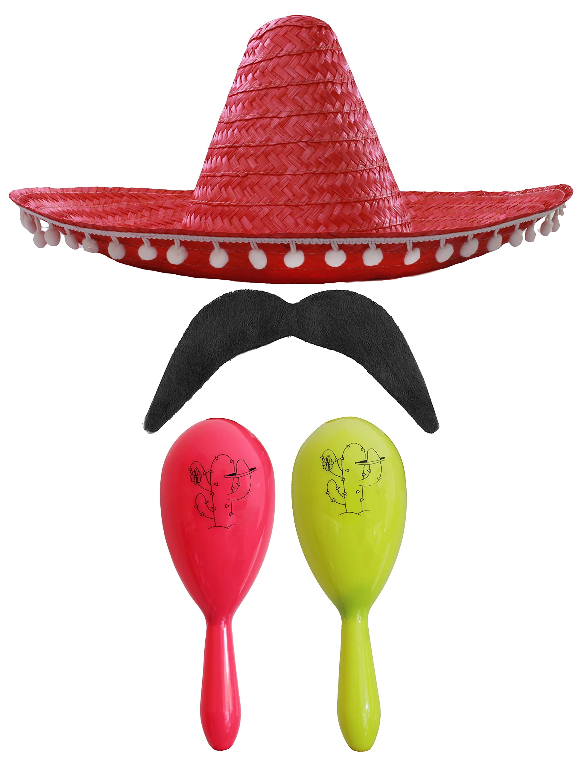 Adults Mexican Accessory Set - Natural Mexican Sombrero, Pink & Yellow Maracas, Moustache - Mexican Cinco de Mayo Sensorita Bandit Mariachi Fancy Dress Costume Accessory Set