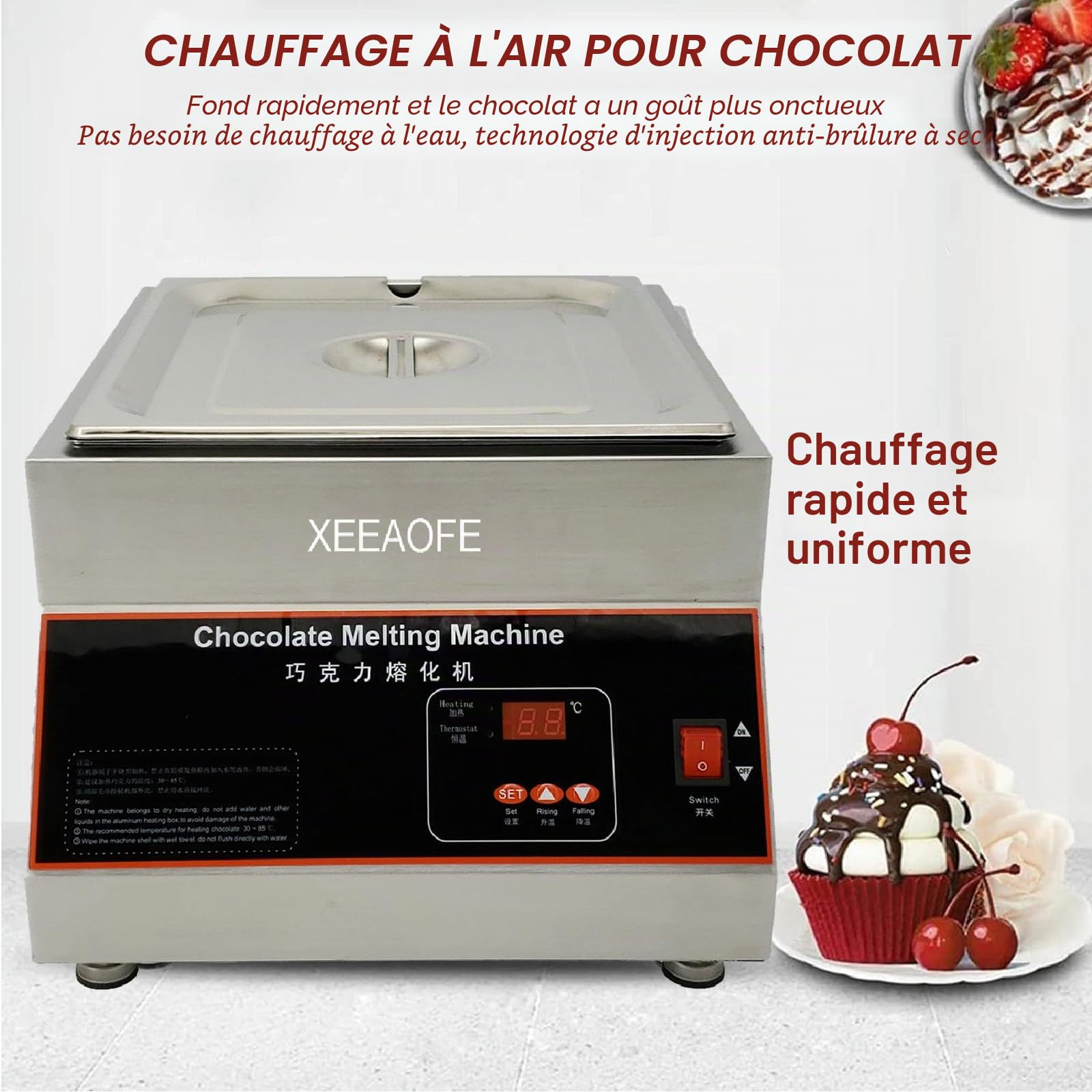 Fondoir à Chocolat à Chauffage Par Air, Machine à TempéRer Le Chocolat, Pot De Fusion De Chocolat De 27 Lb Avec ContrôLe De La TempéRature,1Tank-220V