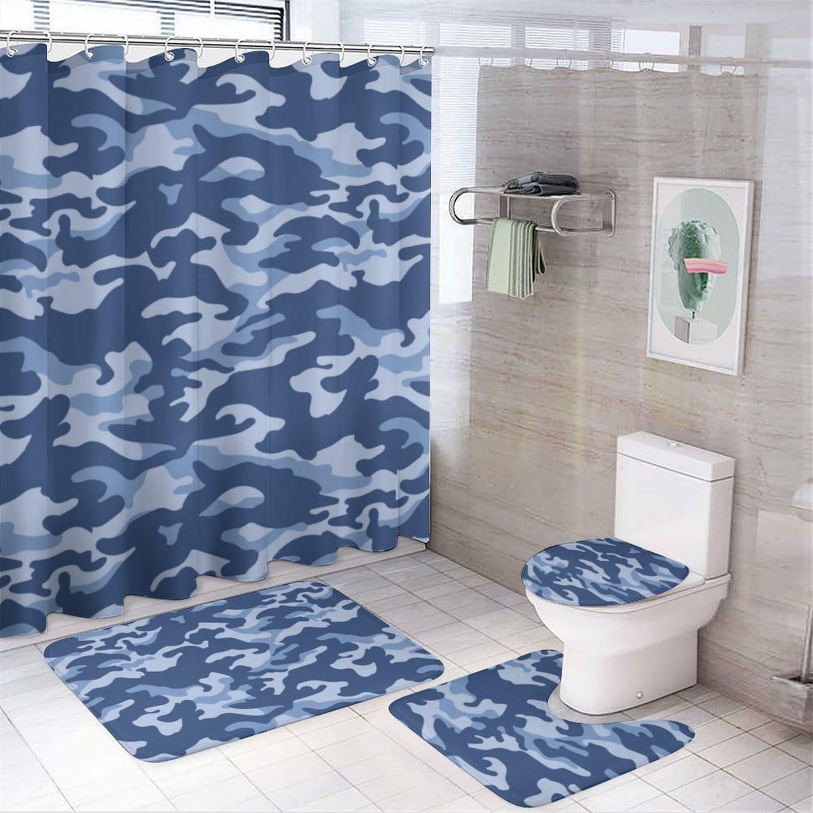 JZemdybill Bathroom Mat Set 4 Piece, Blue Camouflage Shower Curtain with Non-Slip Bath Mats for Bathroom