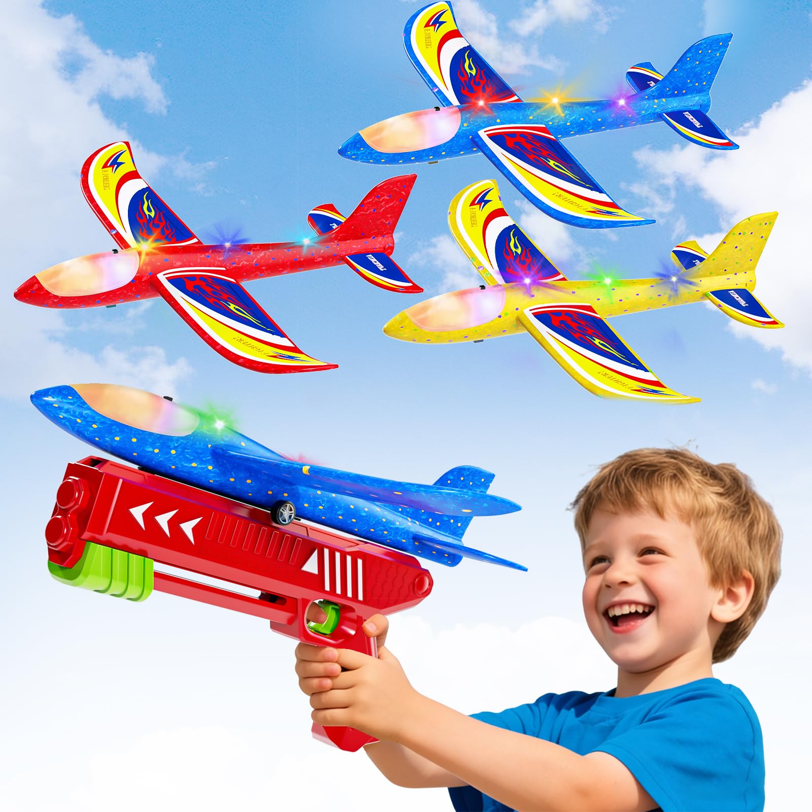 Doloowee Boys Toys for 3 4 5 6 Years Old, 1 Launcher with 3 Foam Glider Planes, 2 Flight Modes, Outdoor Garden Toys Birthday Present Gift for Kids 3 4 5 6 7 8 Year Old