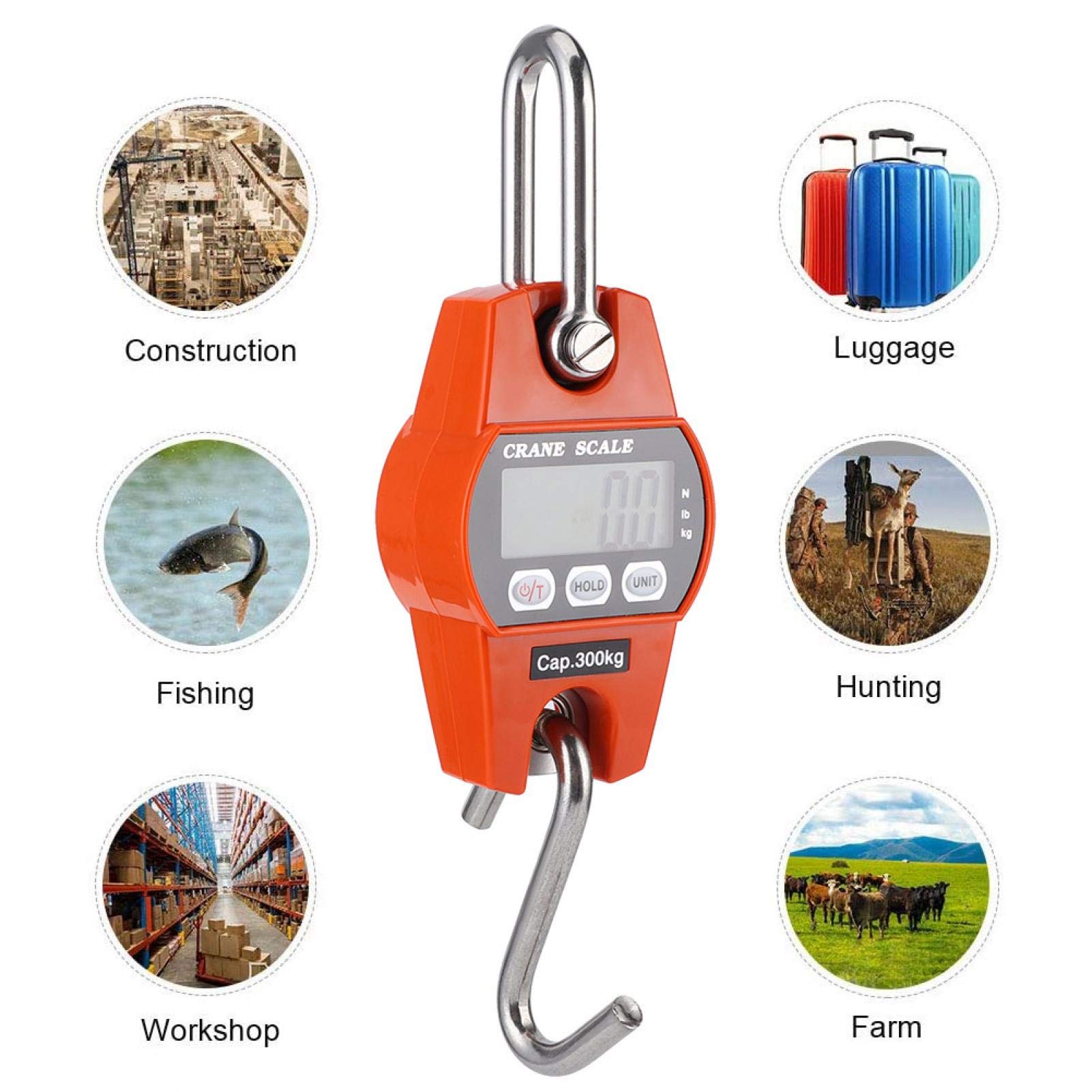 Mini báscula de mano para grúa con ganchos, mini báscula portátil con pantalla LCD digital, báscula para colgar, báscula eléctrica, 300 kg/600 lb, naranja para granja, caza