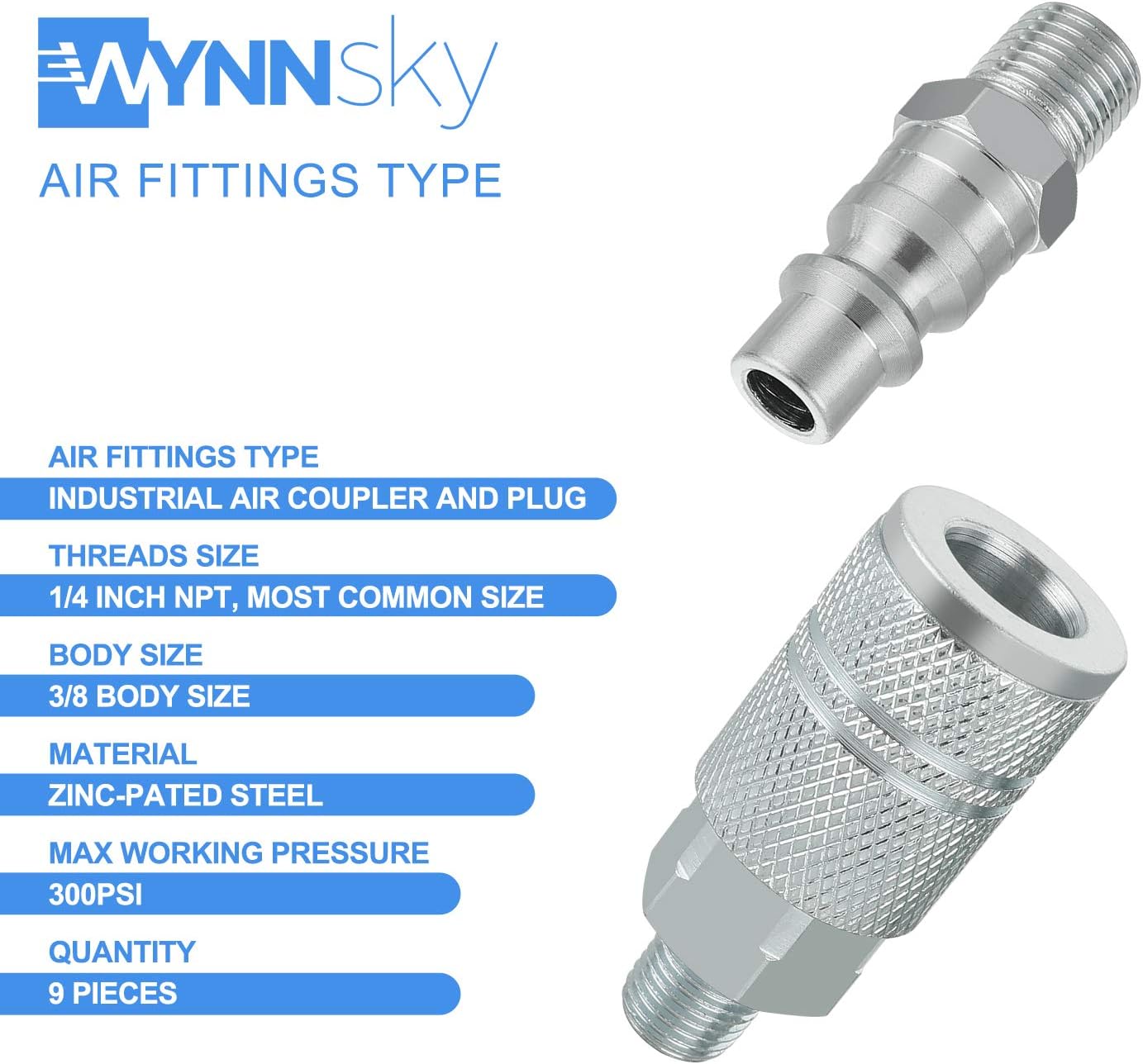 WYNNsky Industrial Air Coupler and Plug Kit, 3/8 Inch High Flow Body Size, 1/4 Inch NPT Threads Size, Steel Material, 9 Pieces Air Compressor Hose Accessories Fittings