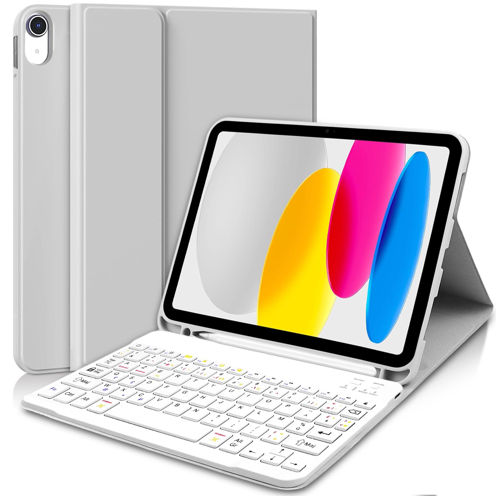 Coque Clavier pour iPad A16 11/10 Ème Generation (10.9 Pouces 2022/11 Pouces A16 2025), Housse iPad 11 Bluetooth Détachable sans Fil avec Porte-Stylo, AZERTY Layout (Gris Blanc)