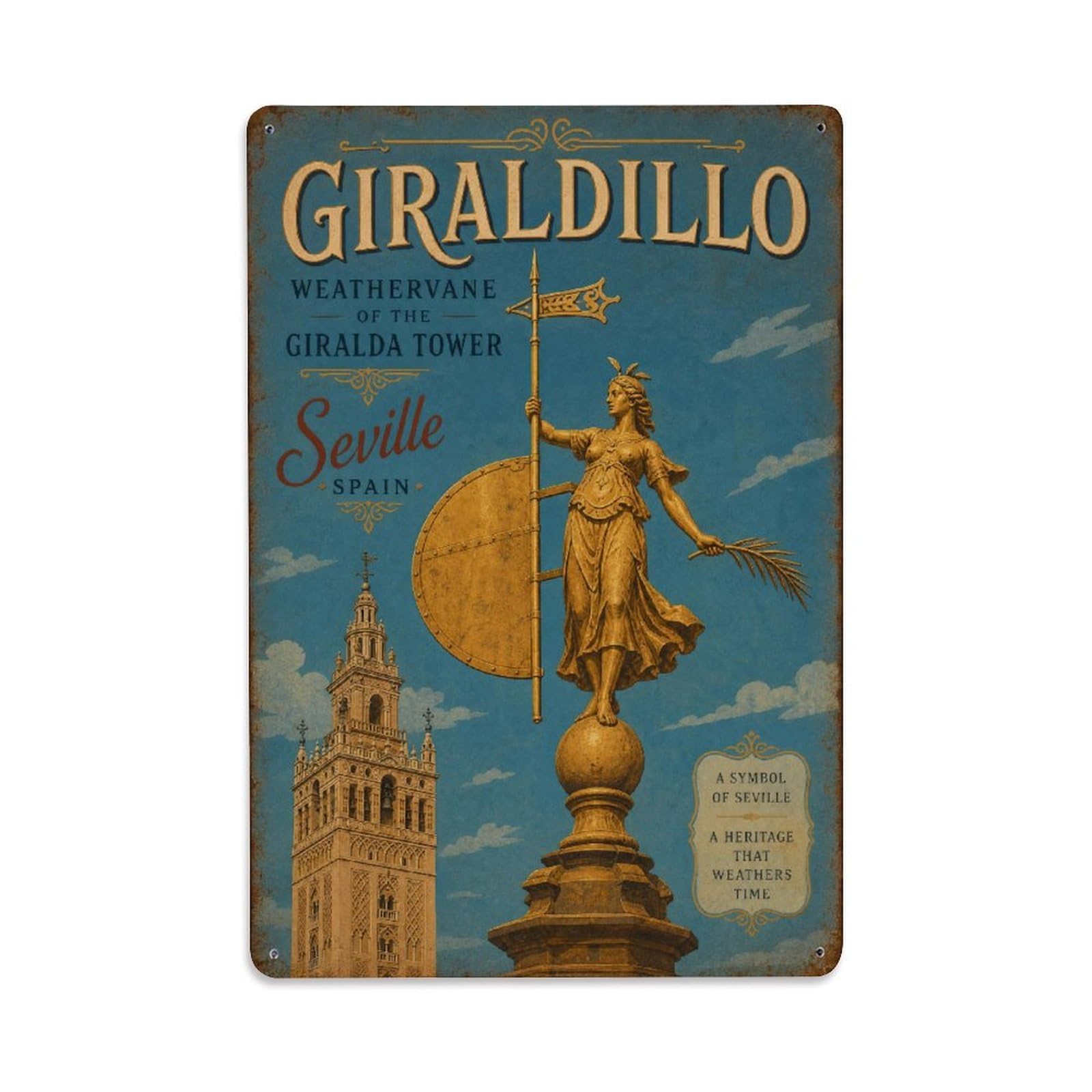 Yrnq 08X12inch Vintage Style Vintage Giralda Tower Weathervane Giraldillo Statue Spain Metal Tin Sign