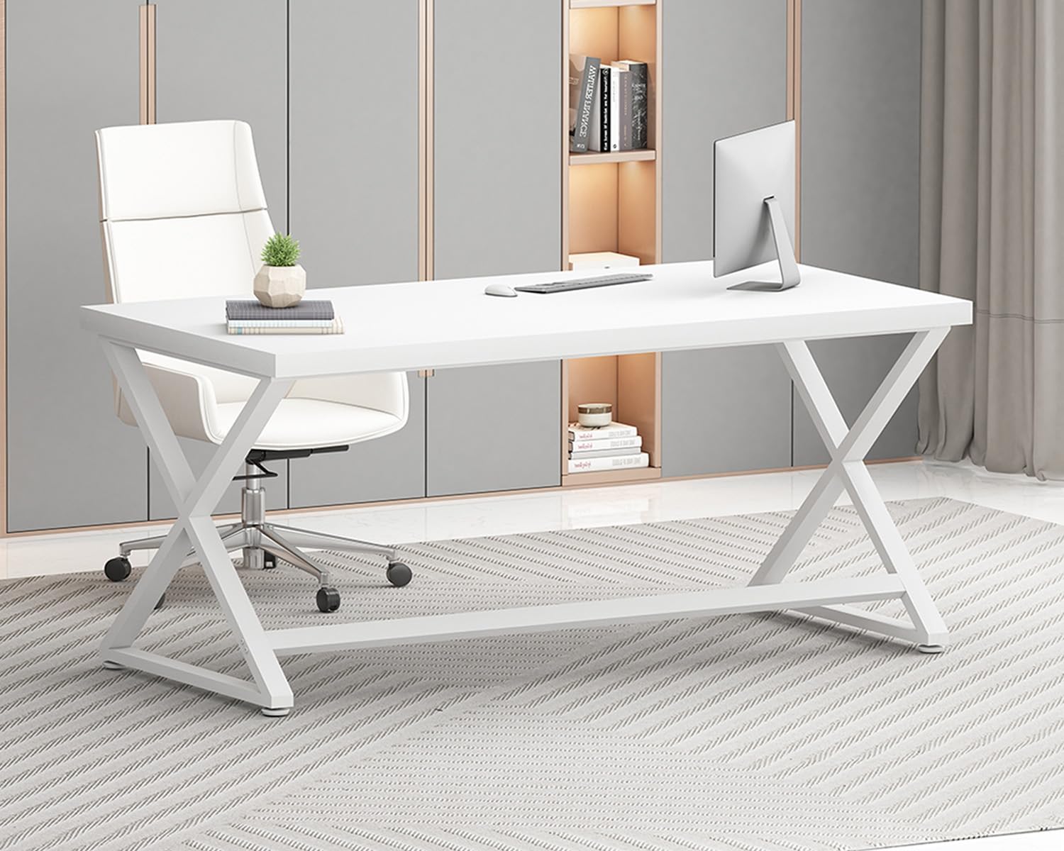 IBF Escritorio blanco para computadora, moderno escritorio de oficina en casa para escribir, trabajo, estudio, escritorio simple de madera y metal para juegos, mesa ejecutiva para computadora portátil