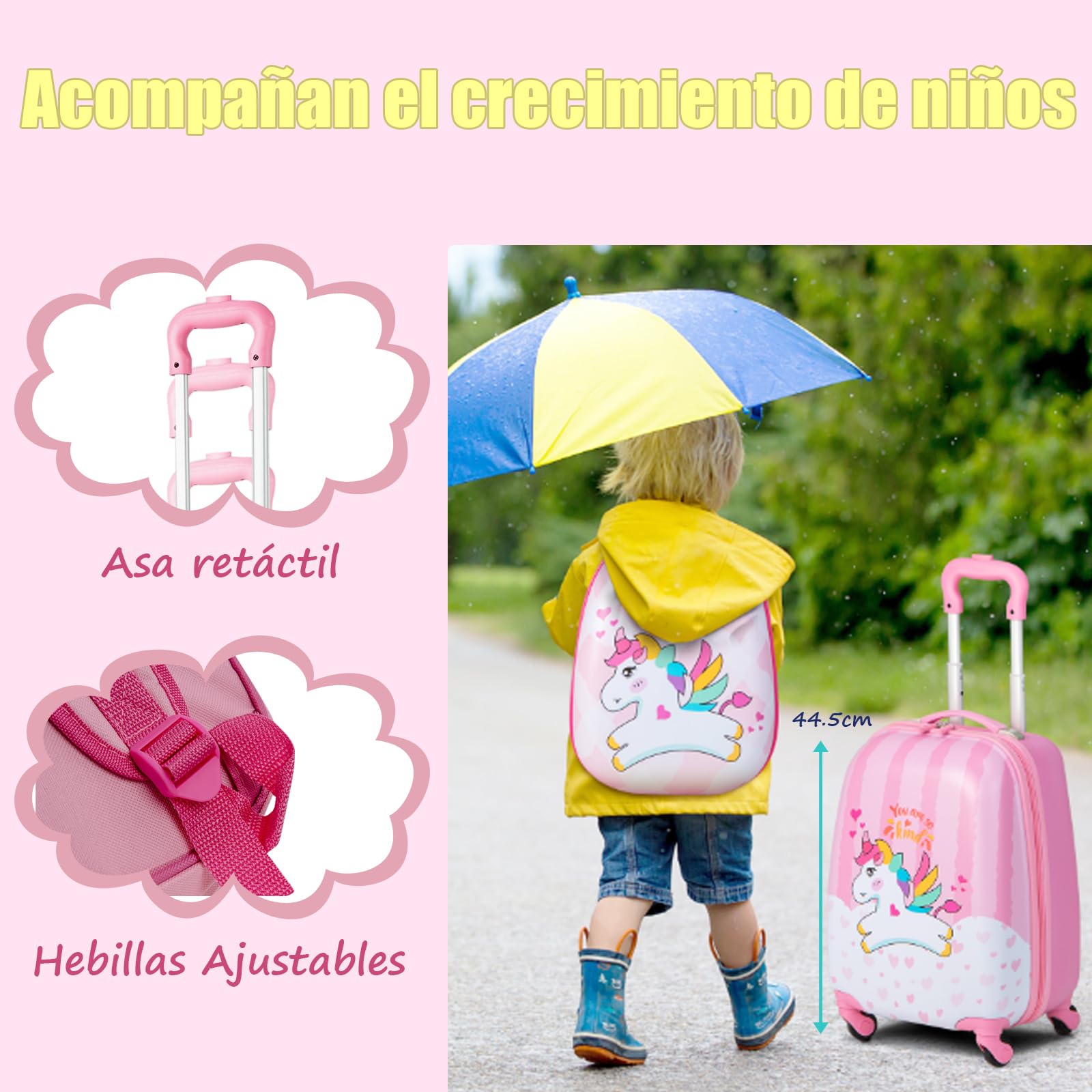 SOARS Set di Valigia 16’’ + Zaino 12’’ per Bambini 2 Pezzi, Bagagli 2-in-1 con Zainetto da Viaggio Aereo, Trolley con Maniglia Telescopica e 4 Ruote a 360° (Rosa Unicorno-A)
