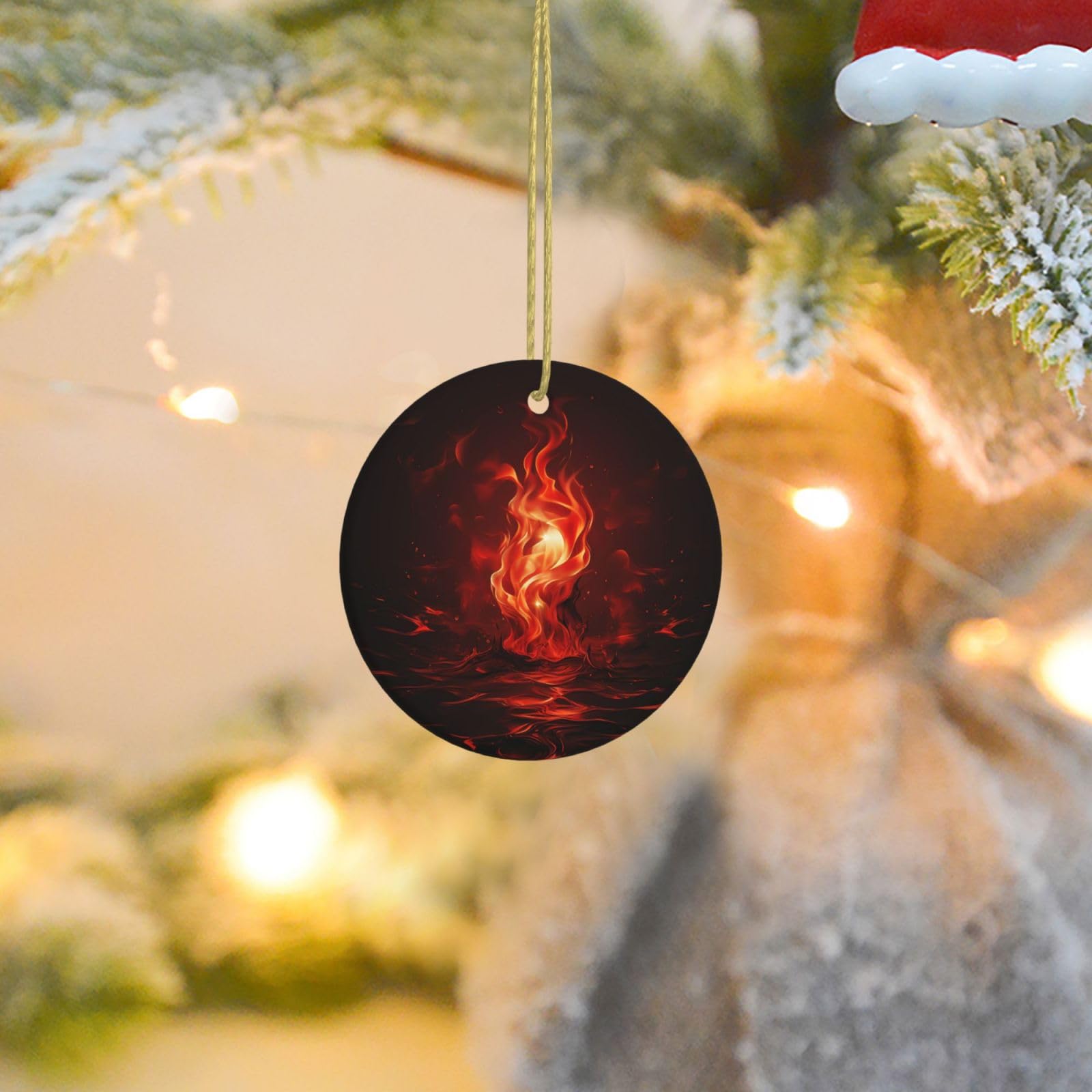 Christmas Ornaments for Christmas Tree Decoration Ceramic Hanging Red Flame Ornament with Gold Ribbon Crafts Round Pendant for Keepsake Gifts Glass Xmas Decor Party Supplies