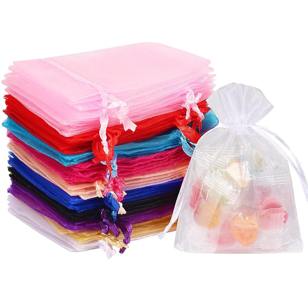 HRX Package 100pcs Small Organza Bags 3x4 inch, Assorted Color Mesh Jewelry Pouches Drawstring Empty Sachets for Bracelets Candy Small Gift