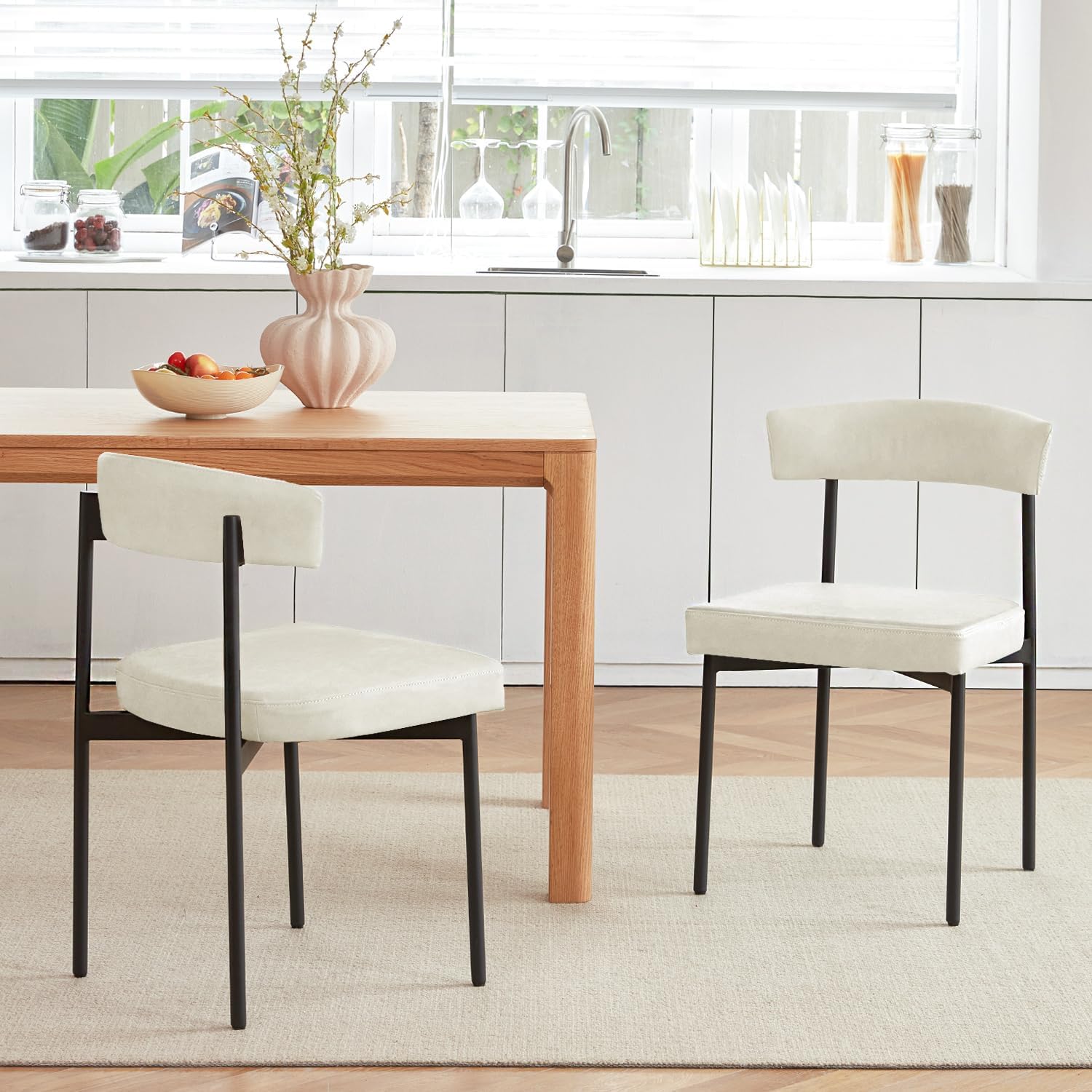 GrandNoor Brown Faux Leather Dining Chairs Set of 4, Armless Upholstered Kitchen Chair,Modern Dining Room Chair with Curved Backrest