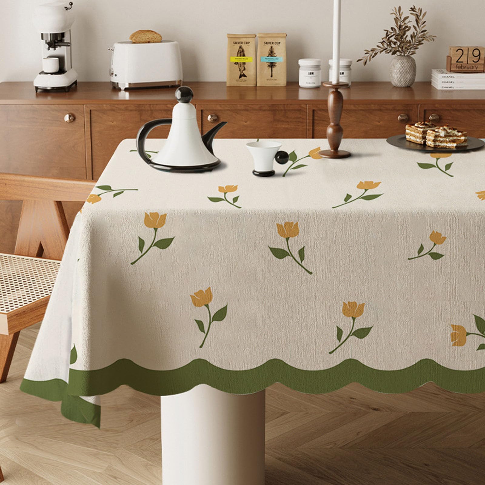 Odot Wipe Clean Tablecloths - Square, Stain Resistant Country Style Cotton and Linen Rectangular Table Cover for Kitchen, Dining, Coffee Table (Orange Flowers,140x220cm)