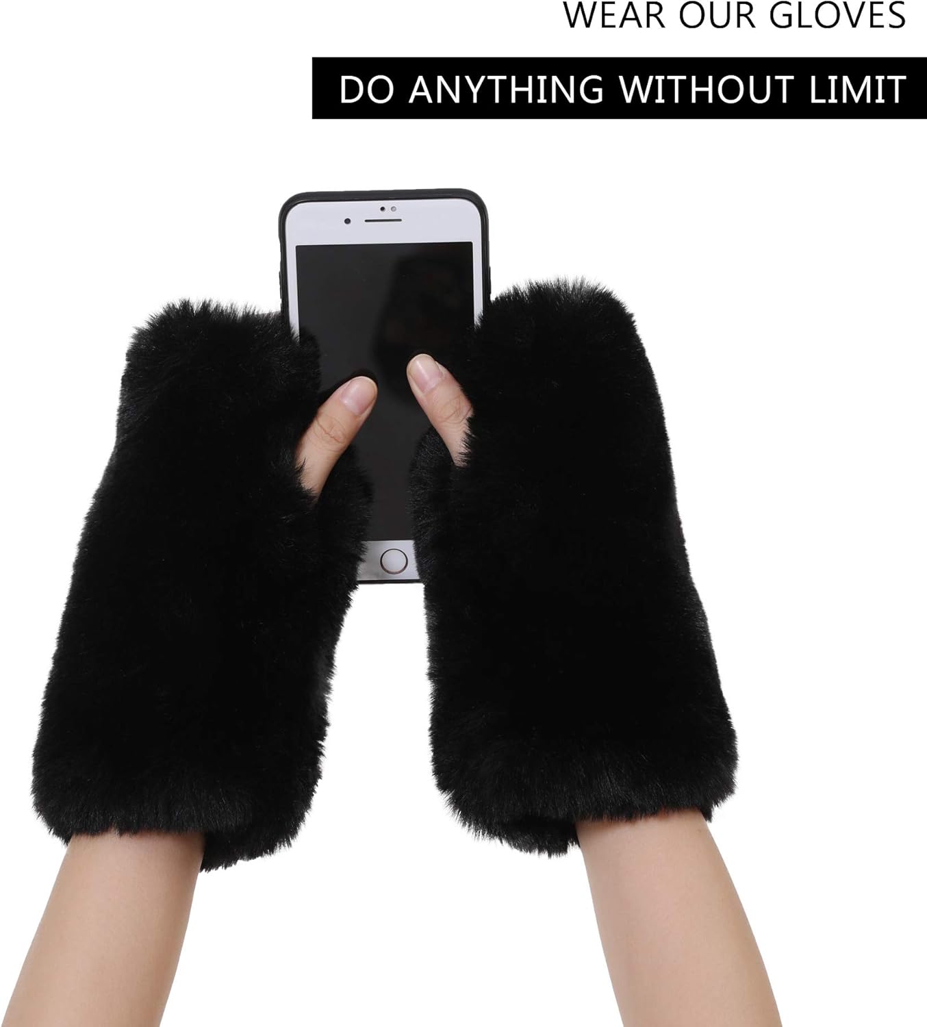 LA CARRIE Women Fingerless Faux Fur Gloves Smooth Furry Soft Fuzzy Plush Winter Cold Warmer Cuffs Black White for Girls - Image 6