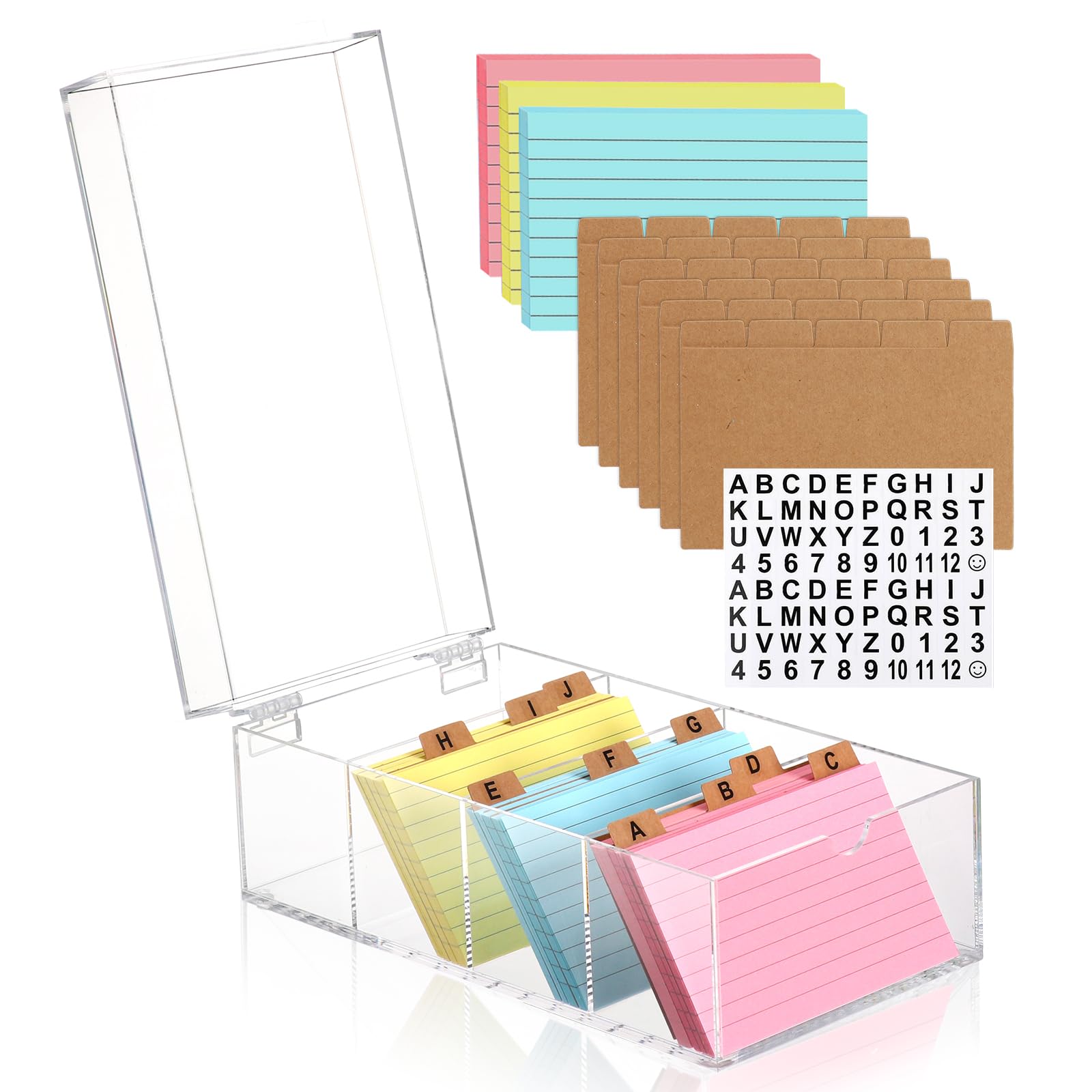 3 x 12,7 cm in acrilico trasparente indice scatola porta schede note organizzatore con 150 schede a righe a righe 30 divisori in carta kraft adesivi A-Z 4 divisori per contenere 600 carte, note,