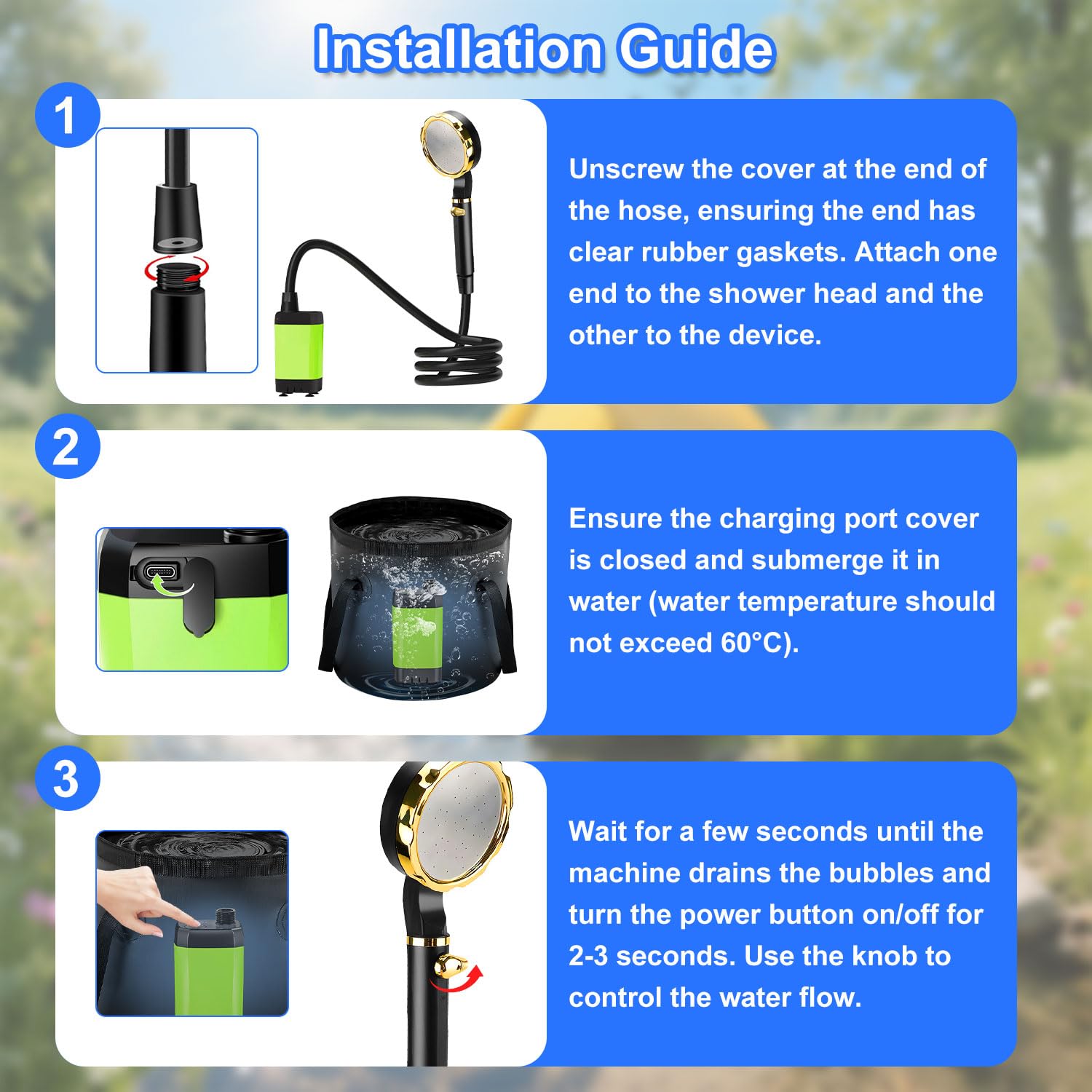 Anesty Kit de ducha portátil para camping, bomba de ducha portátil recargable de 6000 mAh con pantalla inteligente, cubo plegable de 20 L y accesorios para senderismo al aire libre, viajes, coche