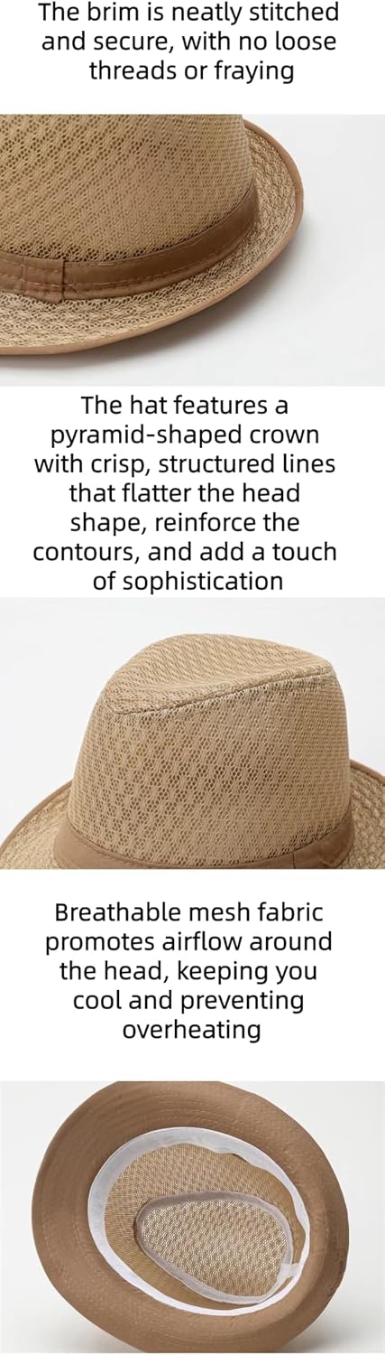 Men's Summer Retro Mesh Fedora Hat Breathable Lightweight Casual Sun Hat for Travel Beach Outdoor Activities