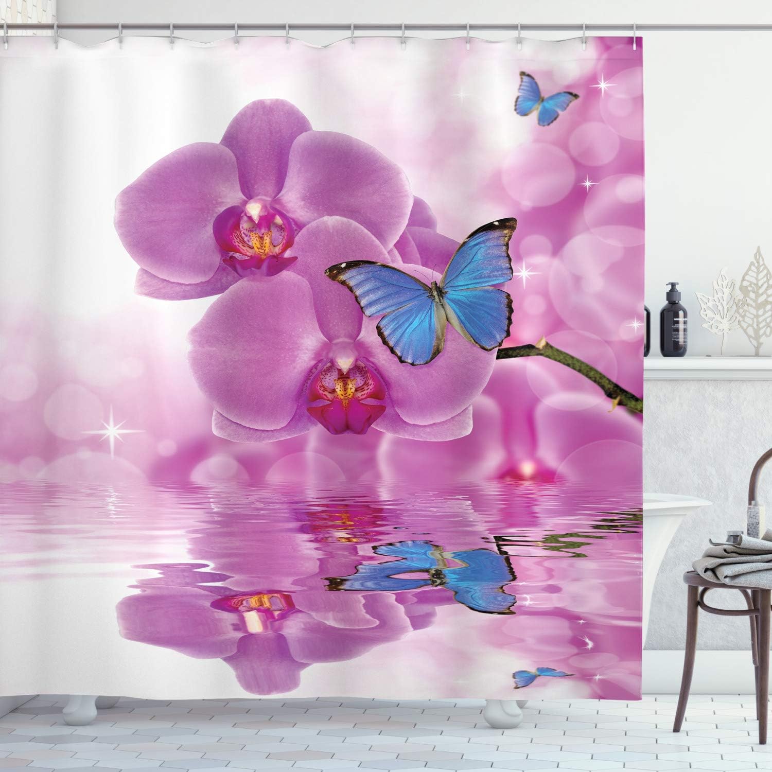 Ambesonne Butterflies Shower Curtain, an Orchid with Butterflies Reflection on The Water and a Blooming Botany Plant of Branch, Cloth Fabric Bathroom Decor Set with Hooks, 69" W x 84" L, Pink Blue