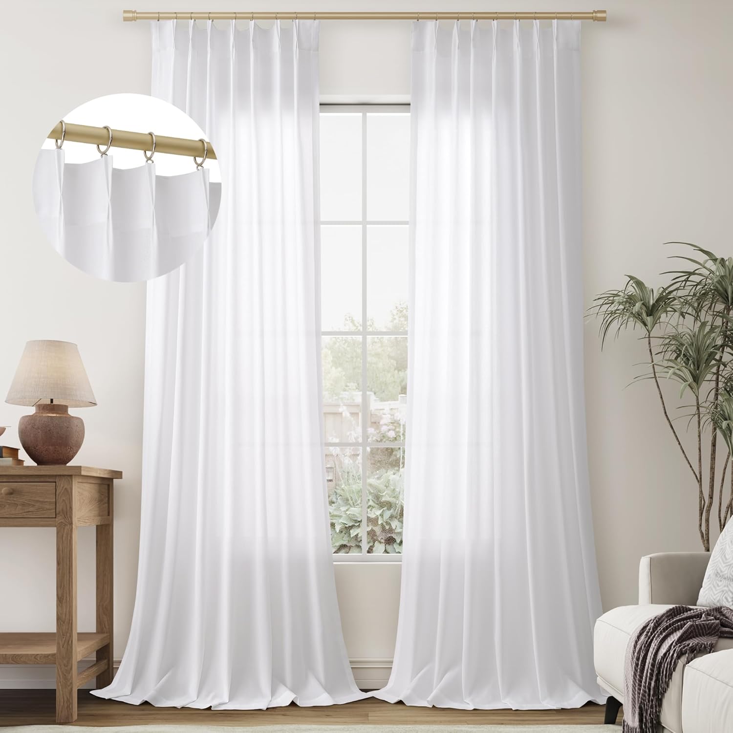 Extra Long White Linen Curtains 108 Inches Long 2 Panels for Bedroom Pinch Pleated Semi Sheer White Curtains Linen Textured Drapes Farmhouse Rustic Decor for Living Dining Room Drape 9 FT Tall