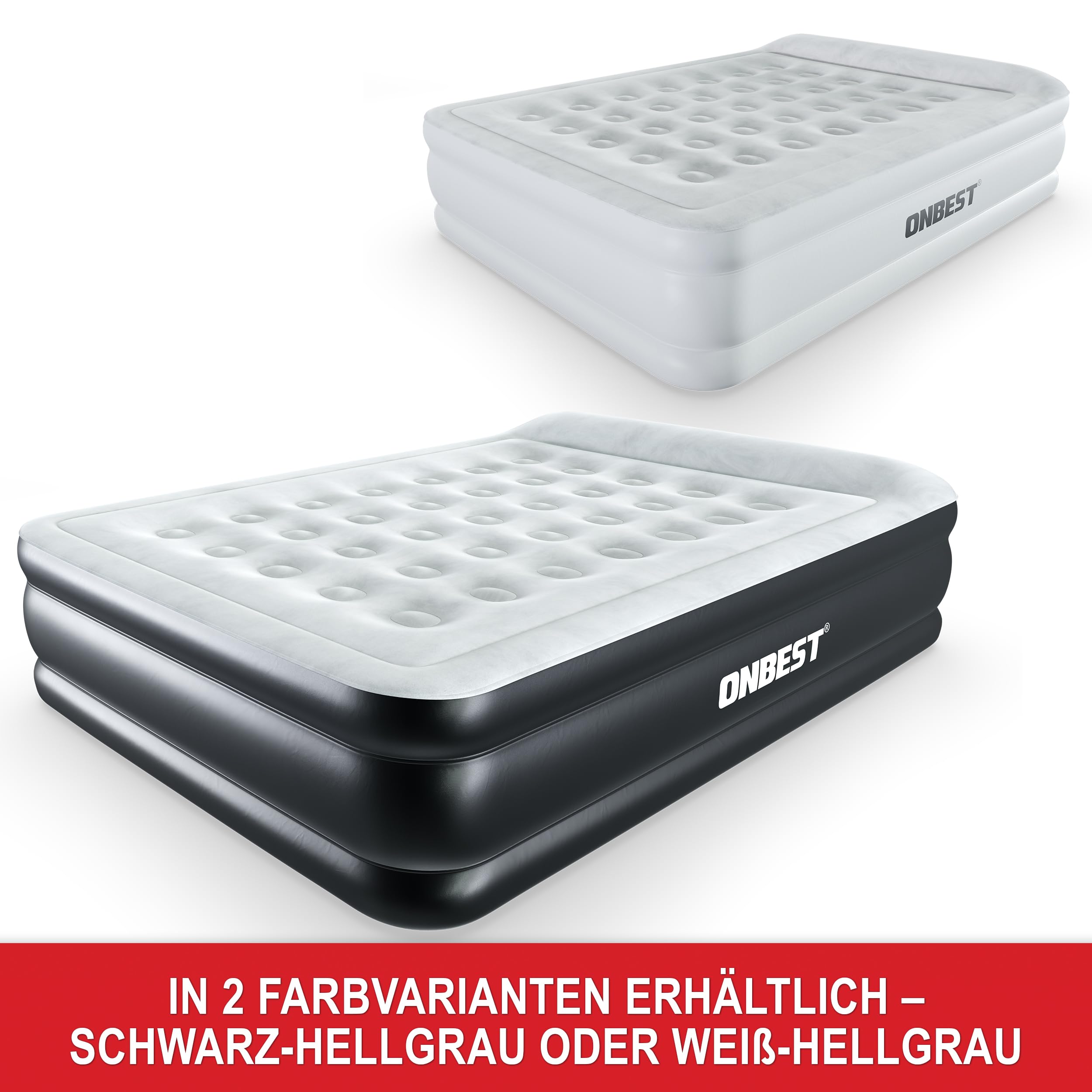 Onbest Luftbett selbstaufblasend – für 2 Personen – 203 x 152 x 46 cm -Luftmatratze mit elektrischer Pumpe – aufblasbares Gästebett in 3-5 Minuten – integriertes Kopfkissen (Schwarz)