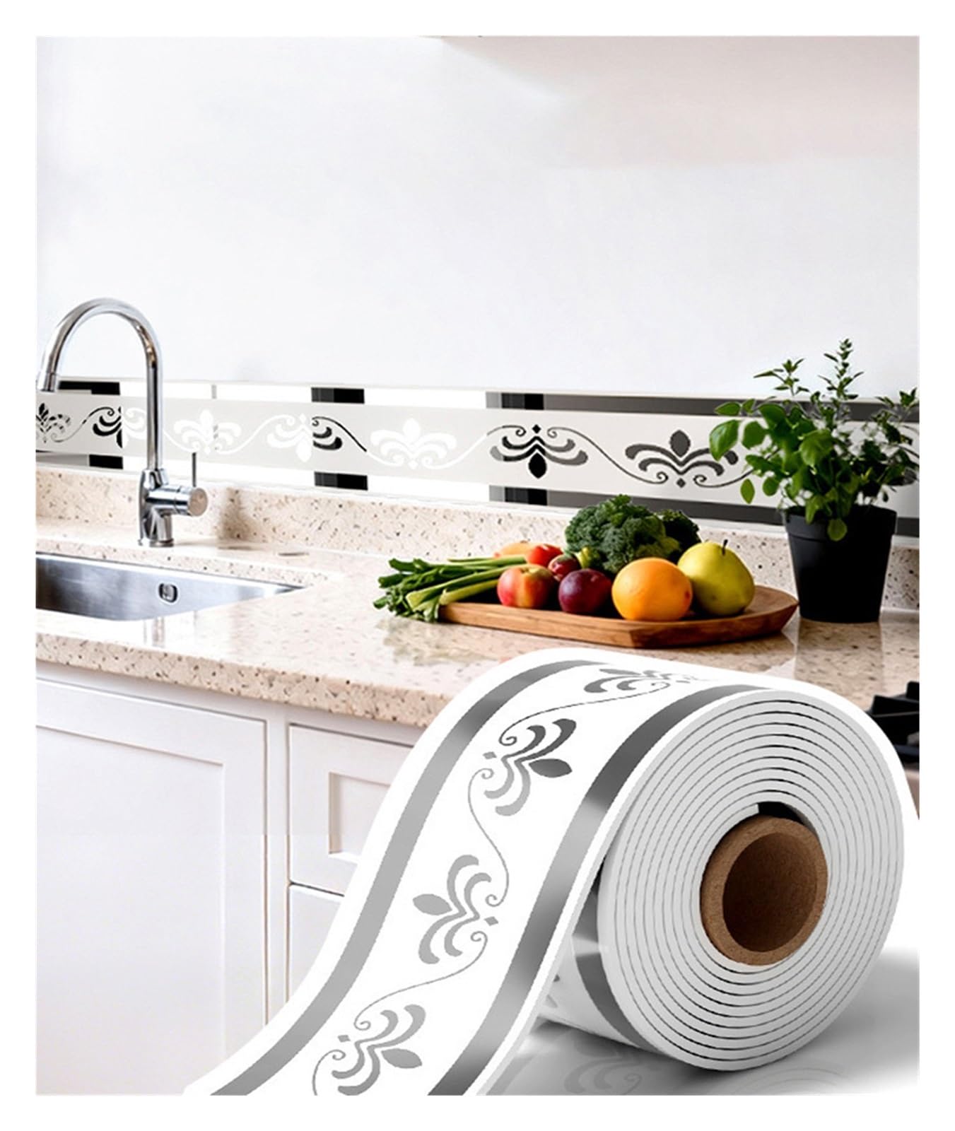Rodapiés impermeables Rodapié de azulejo cerámica imitación autoadhesivo 500cm x 10cm tira decorativa ajuste pared impermeable Baño(Silver circular)