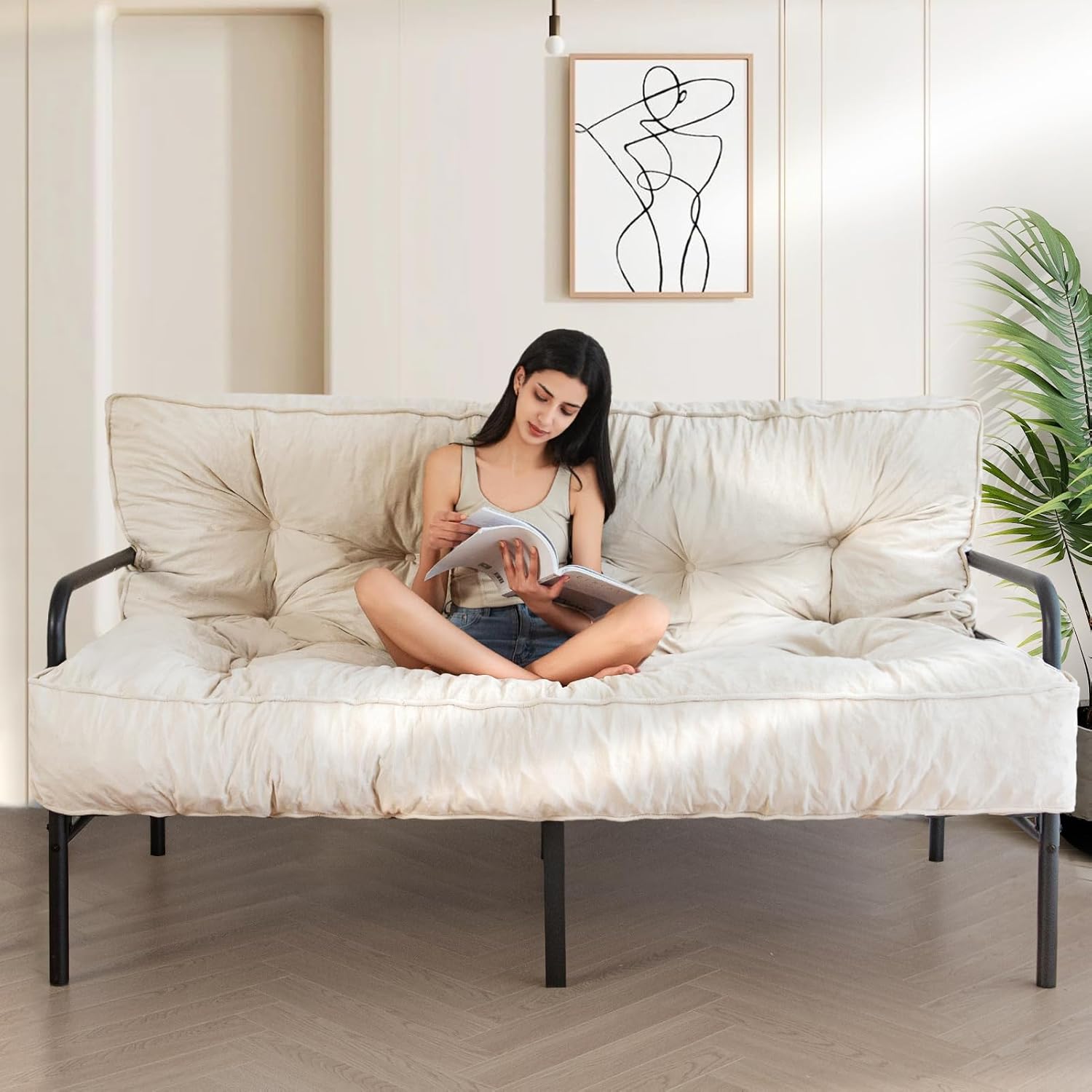 MAXYOYO 8" Futon Mattress Queen Size, Extra Thick Futons Sofa Couch Bed, Velvet Floor Mattress for Adults, Shredded Foam Filling (Frame Not Included), Beige Queen Beige