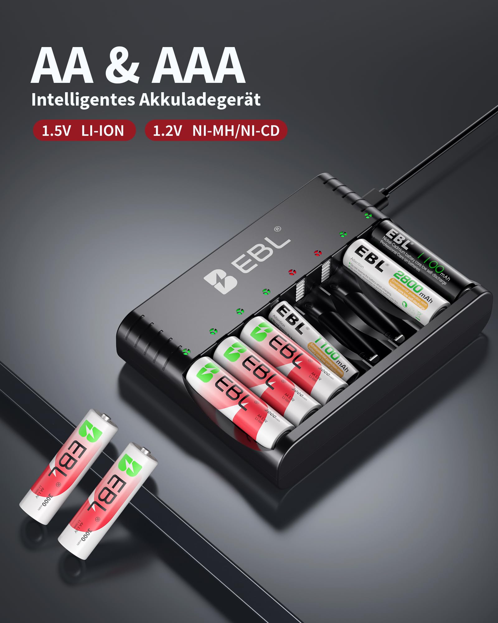 EBL Lithium Akku AA 8 Pack mit Ladegerät, 1.5v 3000mWh 1600 Zyklen Langlebige AA Wiederaufladbare Batterien, Ladegerät für Li-Ion und NIMH Akkus