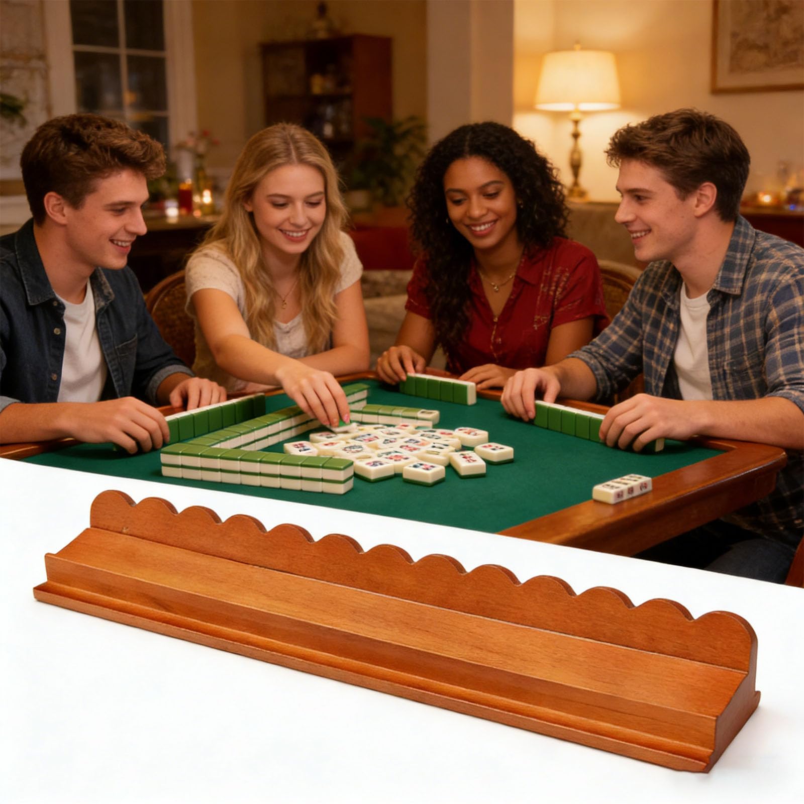 Pratico supporto per piastrelle Mahjong da 43,2 cm, con spintore e attraente design ondulato, per riunioni di famiglia