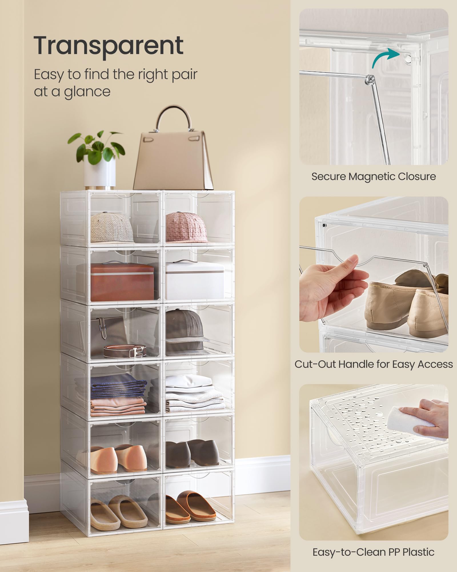 SONGMICS Scatole per scarpe, trasparenti, set di 12, in plastica, con porta trasparente, facile da montare, fino alla misura 44, colore bianco, ULSP032W12