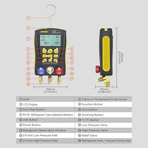 Miniatura 8 de Medidor de medidor digital de refrigeración HVAC presión de vacío prueba de temperatura con clip de prueba y tubo para pruebas de mantenimiento de