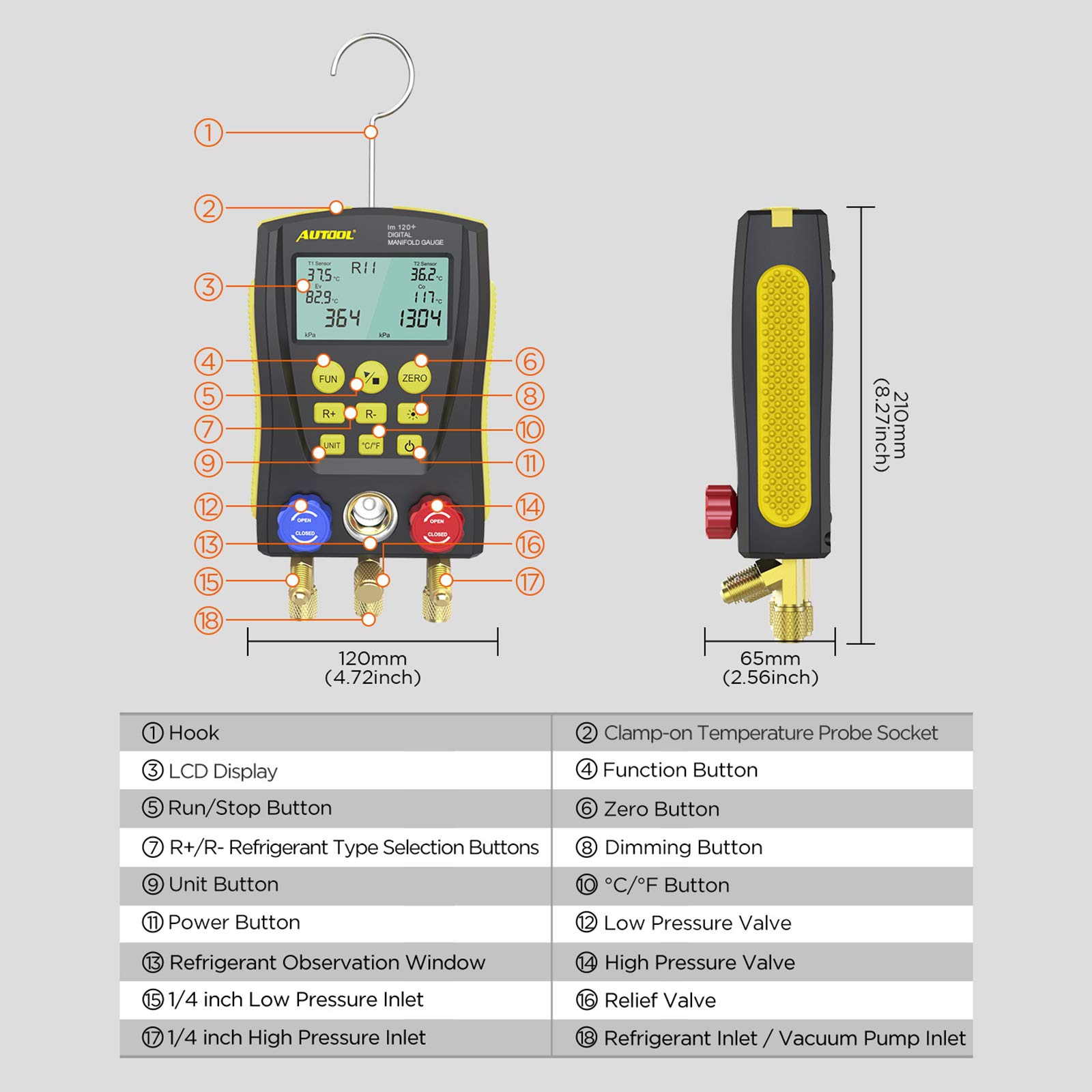 Refrigerazione Digital Collettore Gauge Meter HVAC Vacuum Pressure Tester Kit con clip di prova e tubo per la manutenzione del condizionatore d'aria, frigorifero (LM120+)