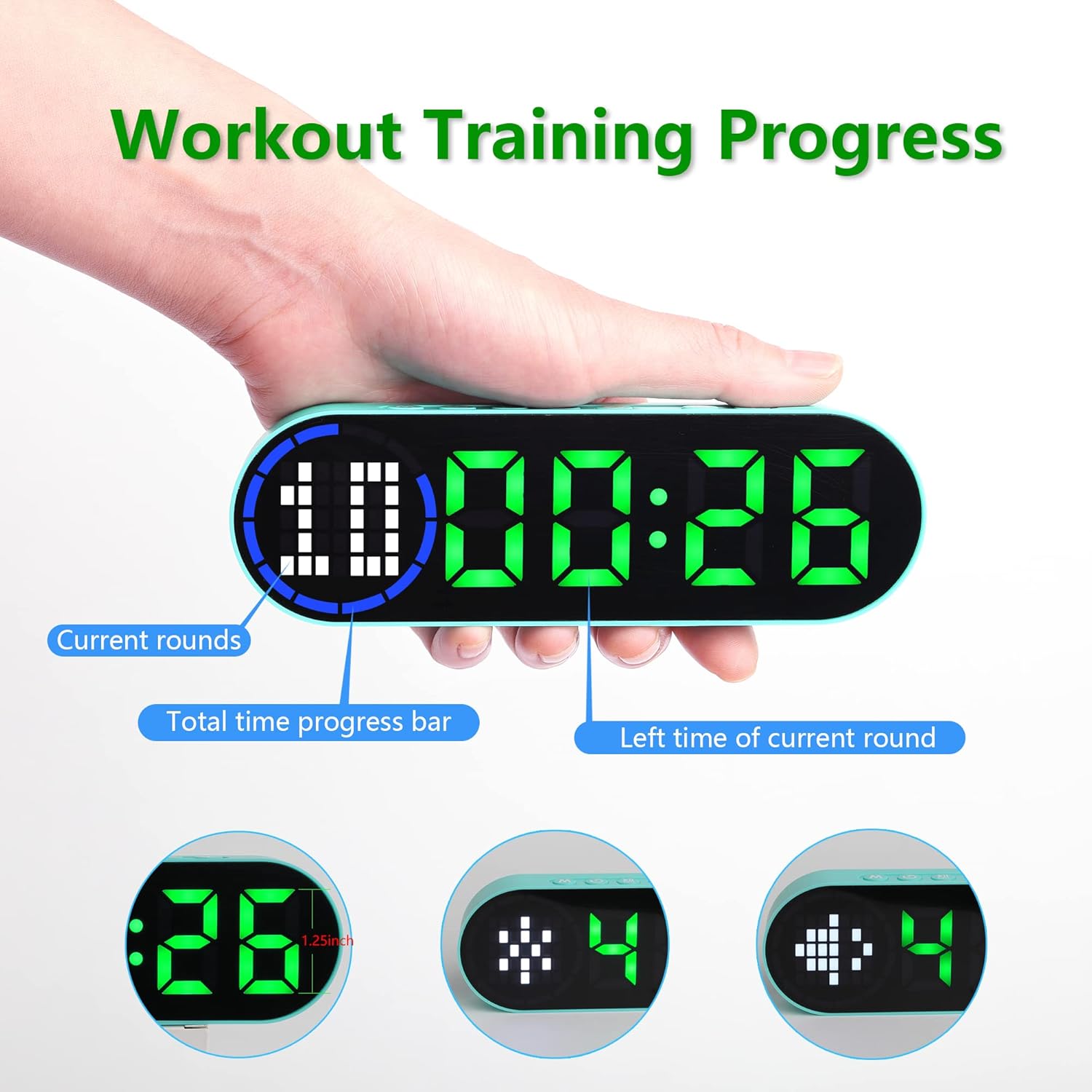LUCORB Portable Gym Timer display showing current rounds, total time progress bar, and left time of current round