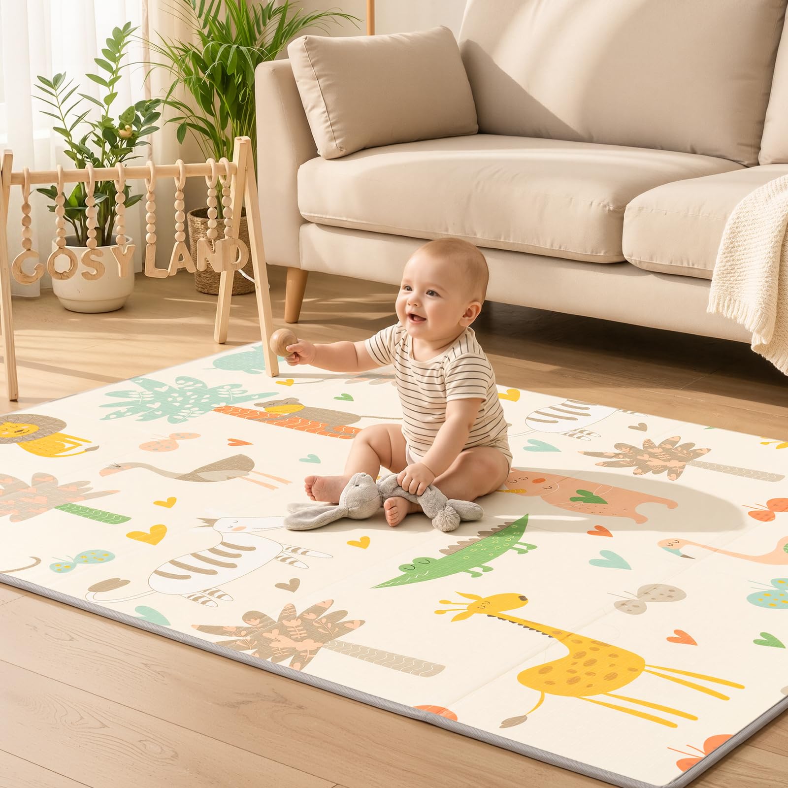 COSYLAND Krabbelmatte Baby Faltbar 120x180x1cm - Doppelseitige XPE Spielmatte Baby mit Schlafenden Tieren & Fuchs Bär Motiven, Weiche Babymatte Spielteppich für Kinder, Babygeschenk