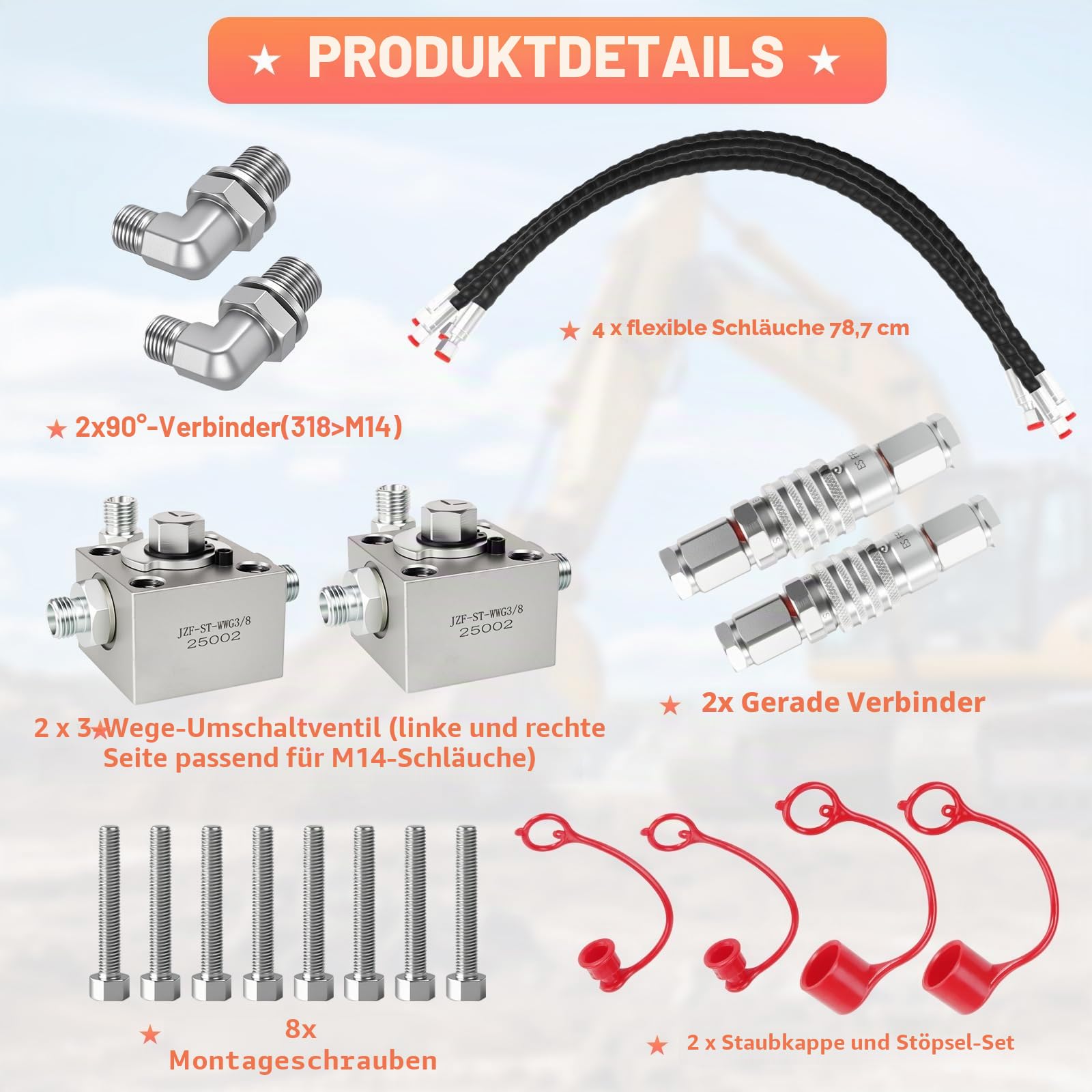 2-teiliges 3-Wege-Hydraulik-Umstellventil-Set – kompatibel mit 1–2 Tonnen Minibaggern, inklusive Schnellverbindungen, 78,7 cm flexiblen Schläuchen und M14 Hydraulik-Anschlussblock, komplettes Set