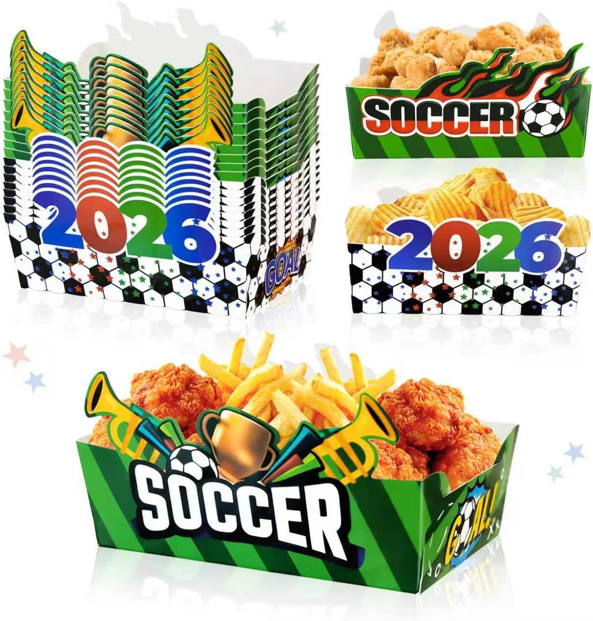 GLURUITE 24pcs Soccer Theme Disposable Paper Food Trays 2026 Soccer Party Plates Snack Serving Trays Sports Fans Party Decor Favors