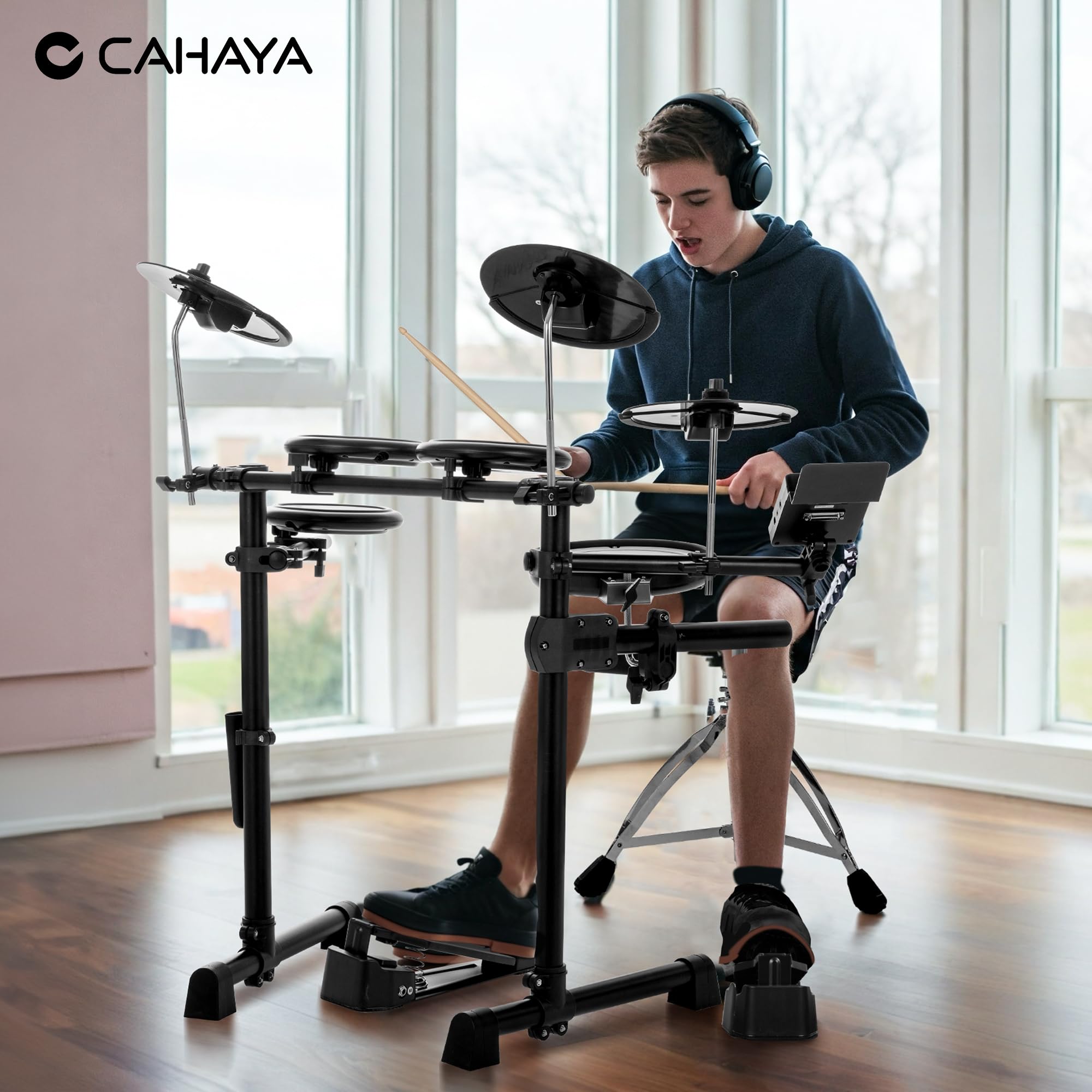 CAHAYA Batería Electrónica con Pads de Malla: Dual Trigger y 350 Sonidos – E-Drum Kit con Caja de 8", Kit Completo con Banqueta, Auriculares y Baquetas – Ideal para Niños y Principiantes