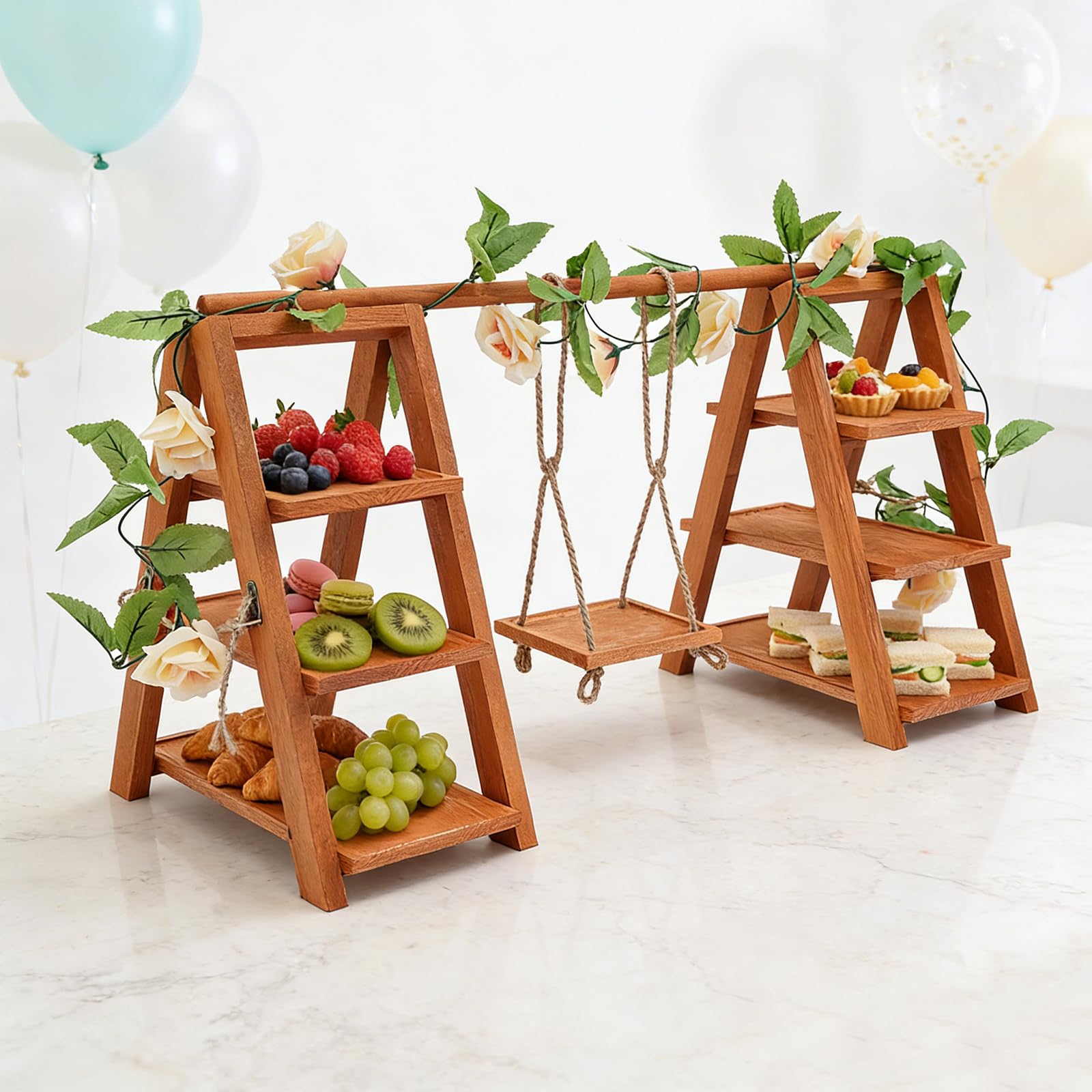 Soporte de madera para cupcakes de 3 niveles, para postres, tartas, aperitivos, con columpio y decoración de flores, escalera plegable para servir cumpleaños, fiestas de té, bodas y decoración