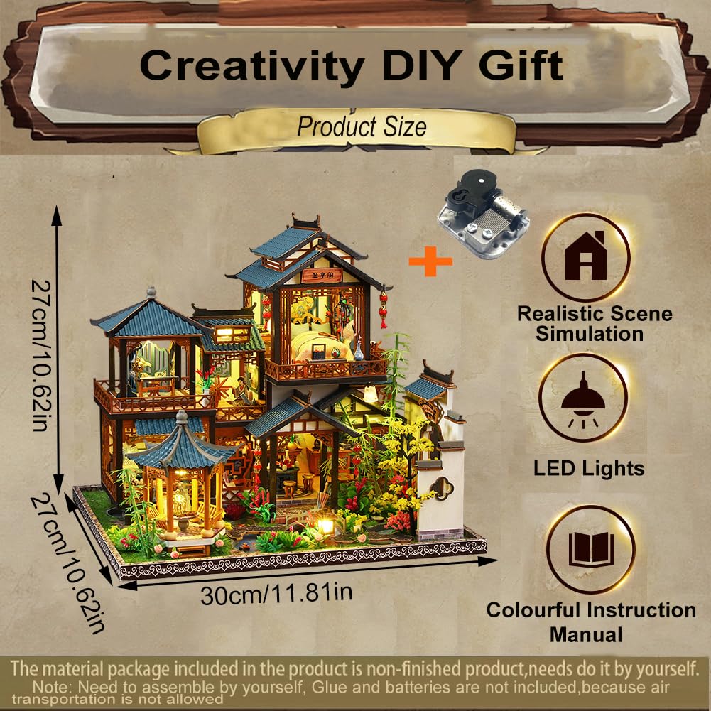 3D Casa de Muñecas de Madera Ensamblada Kit DIY Miniatura Estilo Chino Patio Escena de Construcción con Música Creatividad Halloween Regalo de Cumpleaños (Sin Funda Guardapolvo)