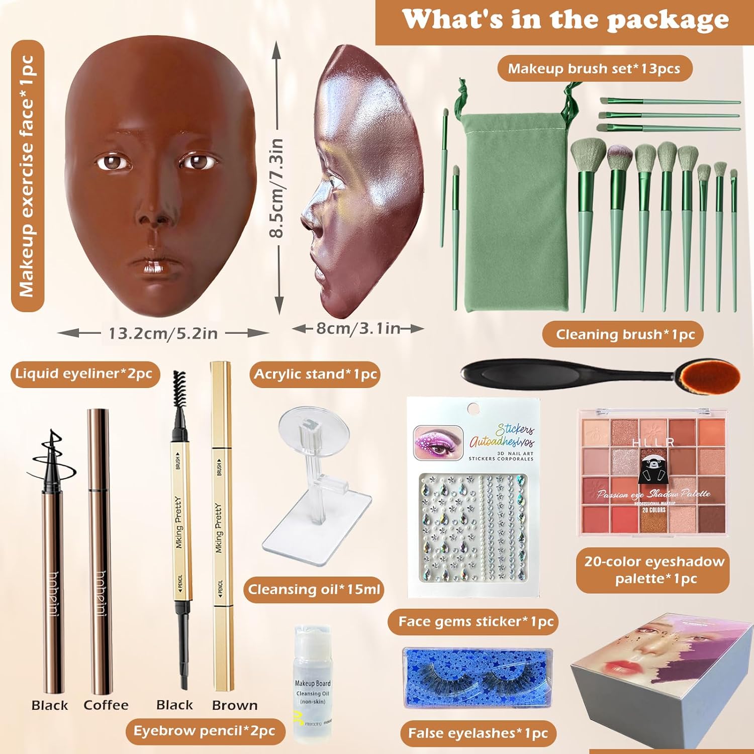 Silicone Makeup Practice Face Board Kit, Mannequin Face for Makeup Practice with Brushes Set & Eye Shadow & Rhinestones Sticker-Black - Image 2