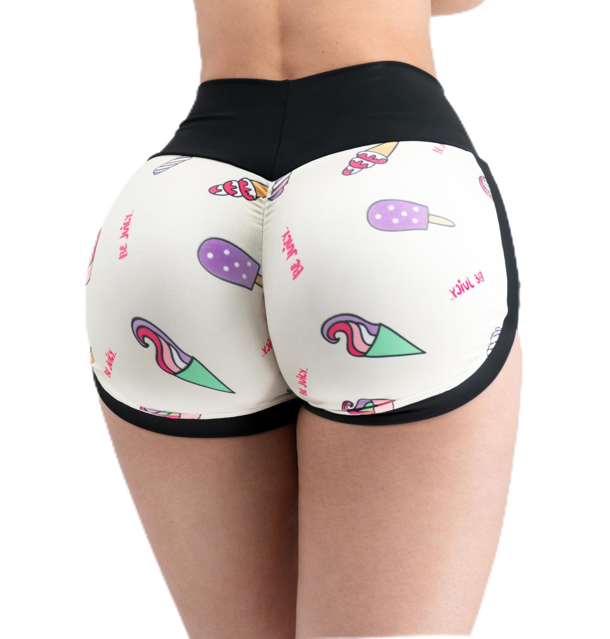 Shorts Deportivos para Mujer Cachetero Sexy Estampado de Helados, Control de Abdomen, Alta Elasticidad, para Pole Dance, Yoga, Negro y Blanco - XS