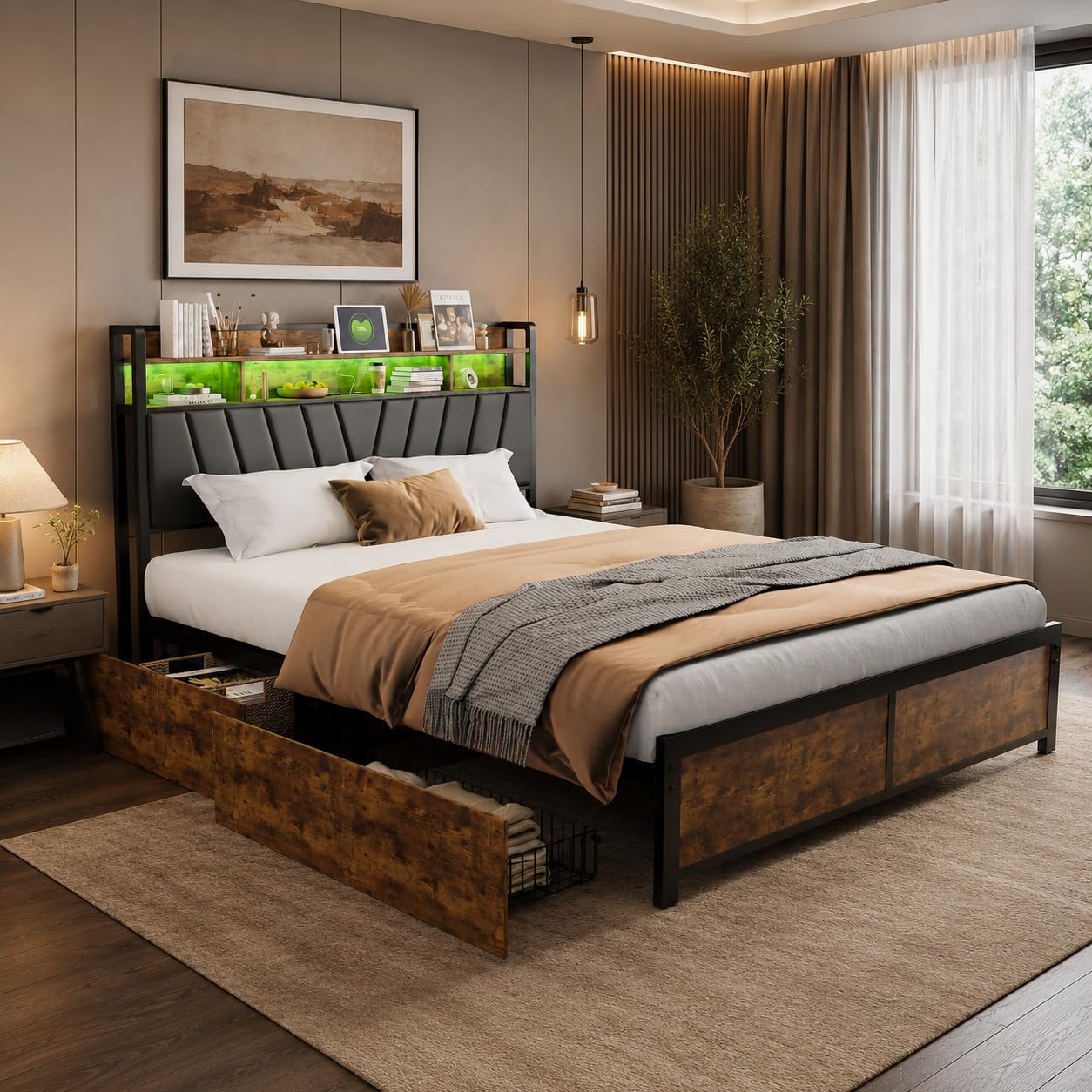 Łóżko podwójne 180 x 200 cm z USB, metalowa rama łóżka z stelażem i zagłówkiem, łóżko do sypialni w stylu vintage, brązowo-czarny, poliuretan, bez materaca (brązowe i