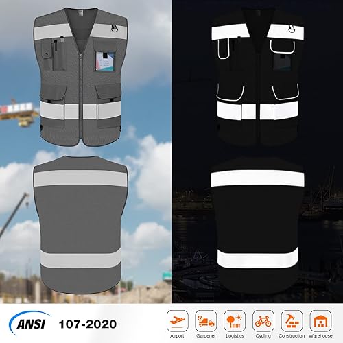 Miniatura 6 de TCCFCCT Hi Vis Chaleco de seguridad reflectante de alta visibilidad con 9 bolsillos para hombres y mujeres, chaleco de trabajo de construcción con