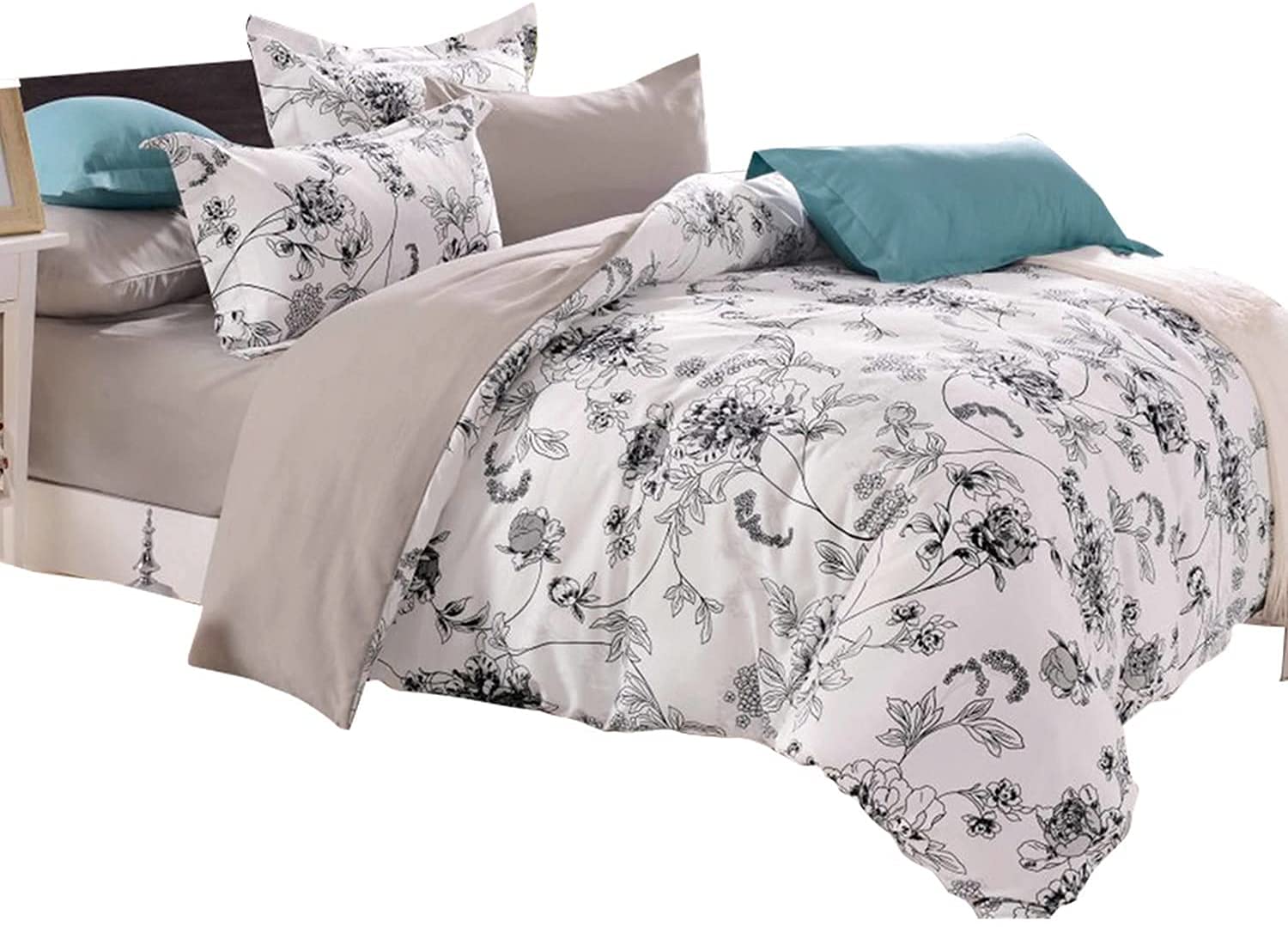 Loussiesd Botanical Floral Duvet Cover Set Soft White Floral Bedding Set Reversible 3 Pieces Cute Flower Print Comforter Cover with 2 Pillowcases (Double,White) - Image 2
